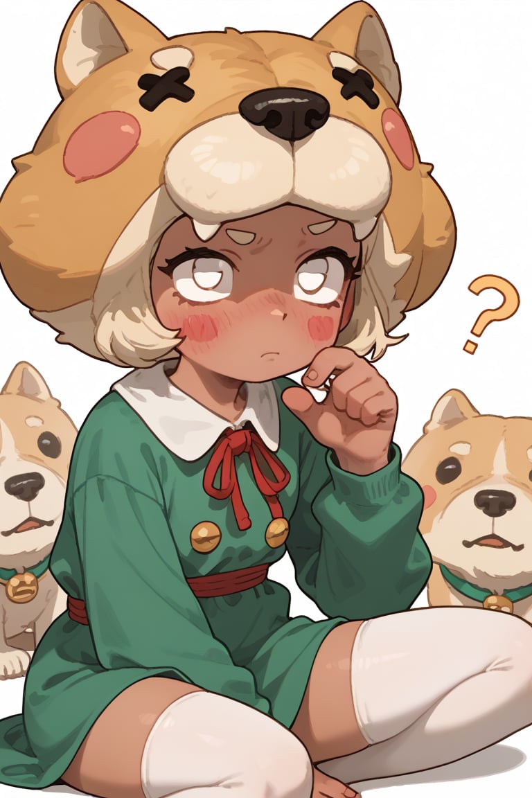 Score_9, Score_8_up, Score_7_up ,possummach ,1 girl , dark-skinned female, no pupils,  green dress ,long sleeves,  solo   ,white thighhighs,   red ribbon, shaded face,  ,dog headwear , shiba , blush stickers,  confused