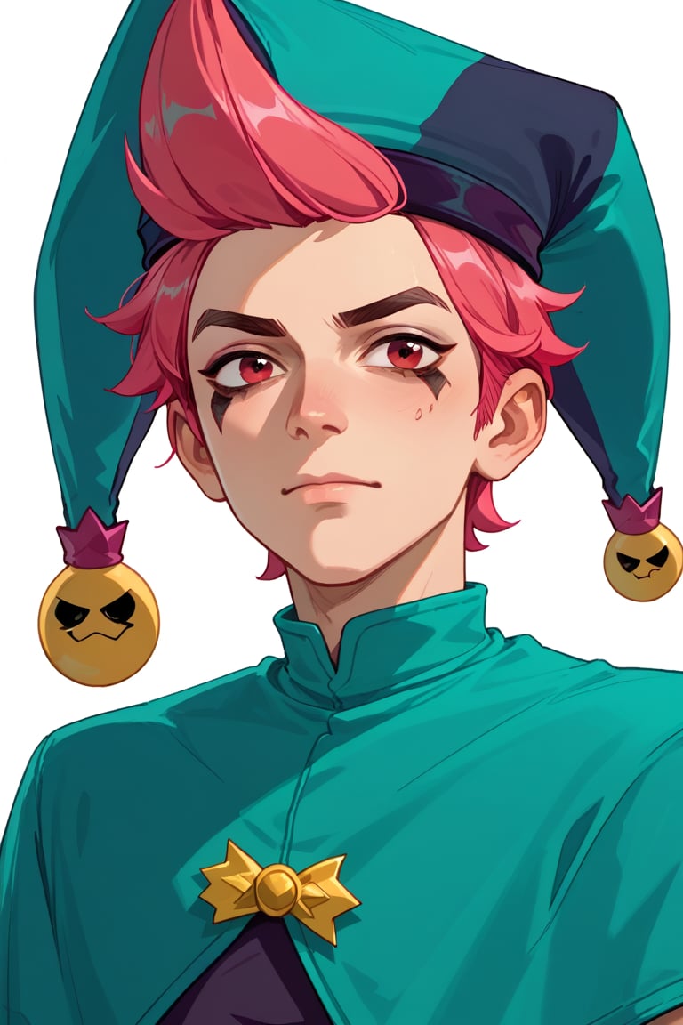 Score_9, Score_8_up, Score_7_up ,possummach, 1boy, bschester, pink hair, short hair,  red eyes, jester cap,  green headwear,green jumpsuit,  capelet , solo