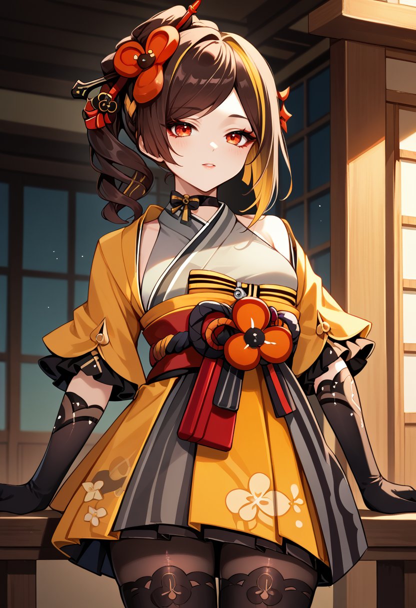 score_9, score_8_up, score_7_up, source_anime, ChioriGI, brown hair, multicolored hair, medium hair, side ponytail, hair ornament, hair flower, red eyes, asymmetrical sidelocks, choker, japanese clothes, yellow kimono, short kimono, red sash, obi, detached sleeves, black gloves, elbow gloves, yellow skirt, pleated skirt, pantyhose, black thighhighs, thighhighs over pantyhose, black footwear, cowboy shot