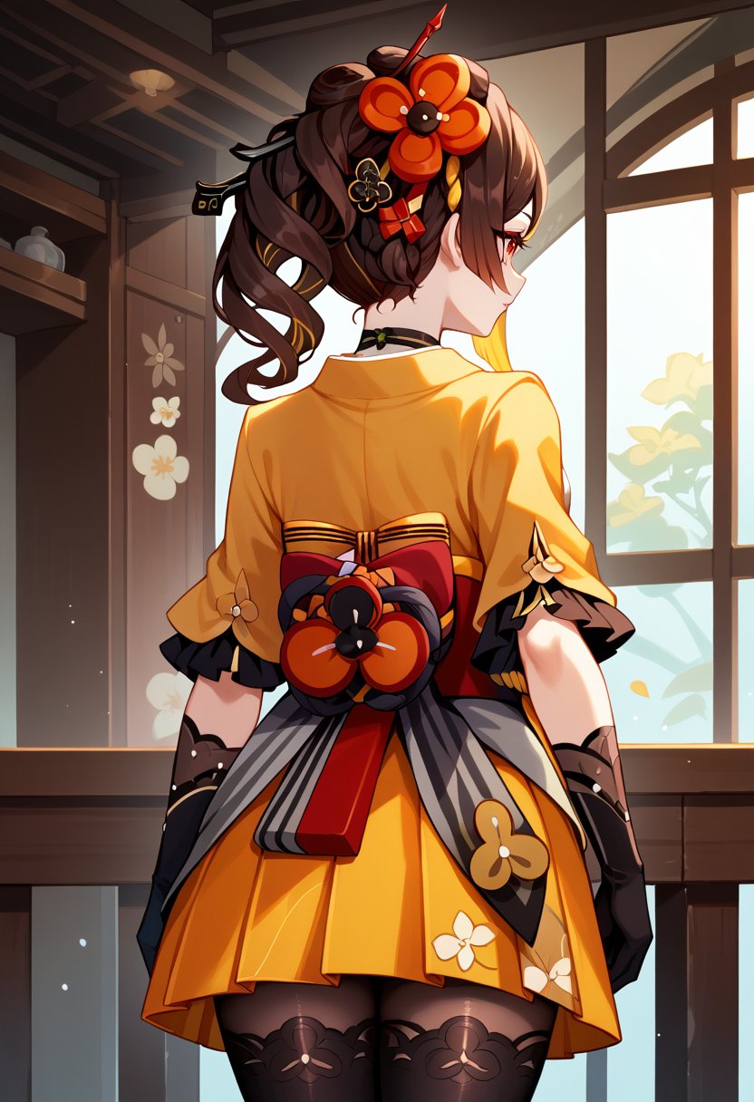 score_9, score_8_up, score_7_up, source_anime, ChioriGI, brown hair, multicolored hair, medium hair, side ponytail, hair ornament, hair flower, red eyes, asymmetrical sidelocks, choker, japanese clothes, yellow kimono, short kimono, red sash, obi, detached sleeves, black gloves, elbow gloves, yellow skirt, pleated skirt, pantyhose, black thighhighs, from behind, cowboy shot