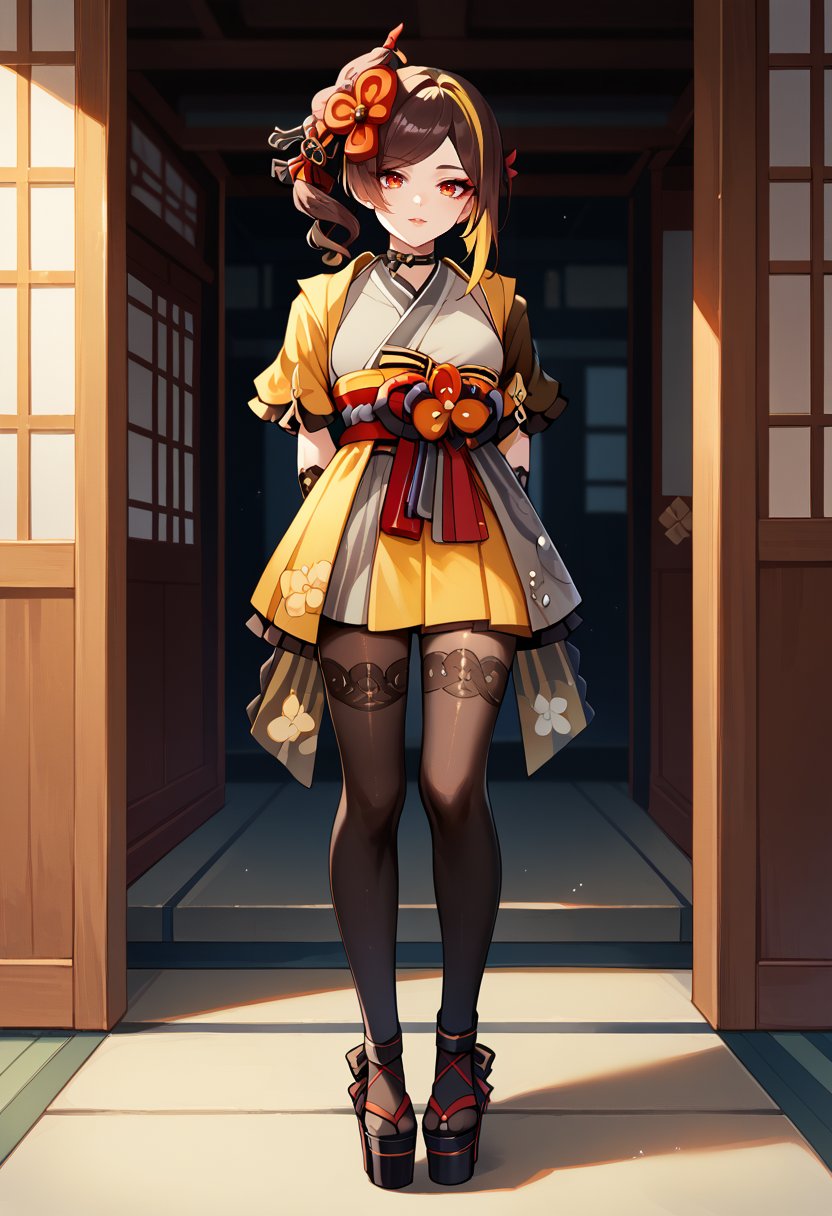 score_9, score_8_up, score_7_up, source_anime, ChioriGI, brown hair, multicolored hair, medium hair, side ponytail, hair ornament, hair flower, red eyes, asymmetrical sidelocks, choker, japanese clothes, yellow kimono, short kimono, red sash, obi, detached sleeves, black gloves, elbow gloves, yellow skirt, pleated skirt, pantyhose, thighhighs over pantyhose, 1girl, solo, long hair, looking at viewer, standing, full body, arms behind back, platform footwear