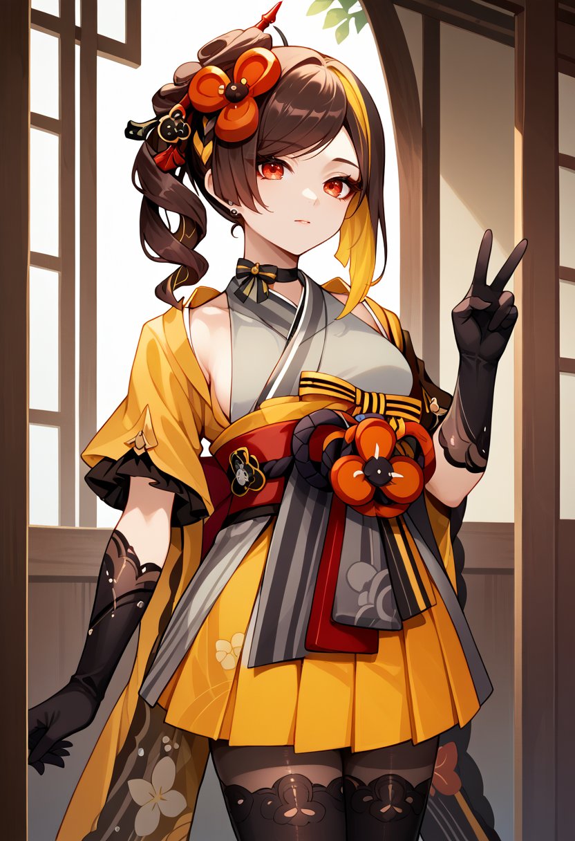 score_9, score_8_up, score_7_up, source_anime, ChioriGI, brown hair, multicolored hair, medium hair, side ponytail, hair ornament, hair flower, red eyes, asymmetrical sidelocks, choker, japanese clothes, yellow kimono, short kimono, red sash, obi, detached sleeves, black gloves, elbow gloves, yellow skirt, pleated skirt, pantyhose, black thighhighs, thighhighs over pantyhose, cowboy shot, frontal view, v, expressionless