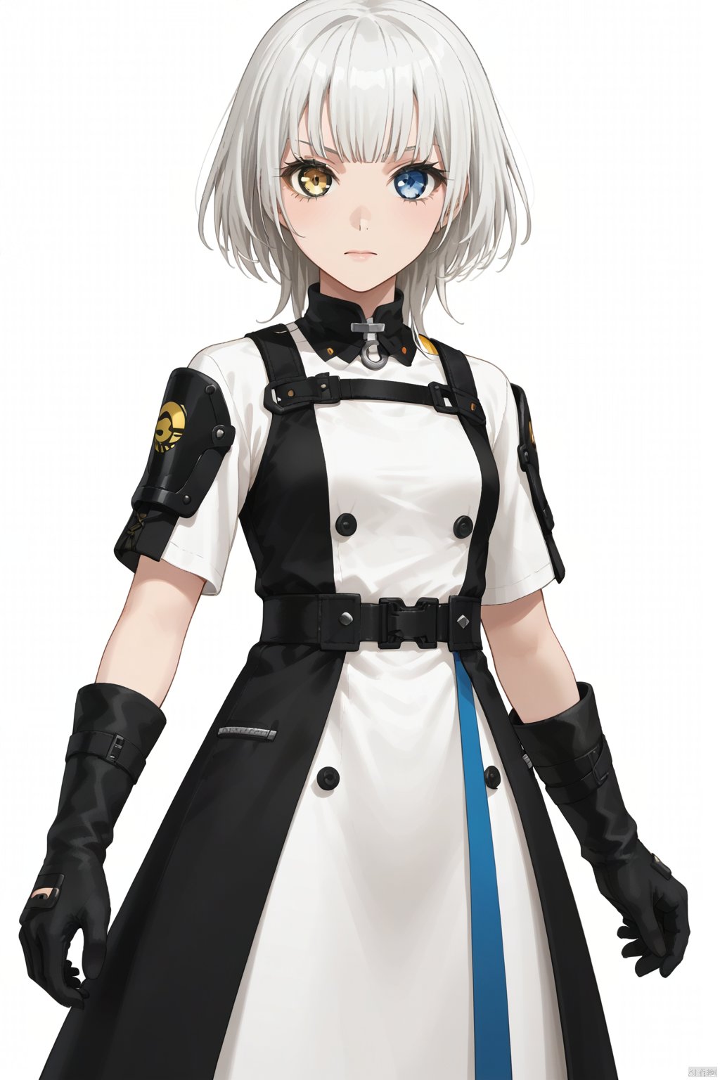 1girl,solo,looking at viewer,simple background,gloves,white background,closed mouth,standing,Kaname Raana,heterochromia,white hair,yellow eyes,blue eyes,bangs,bangs