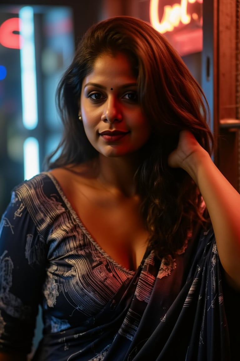 A woman posing confidently, radiant in a metallic dress with digital patterns and neon accents, against a blurred backdrop of vintage circuitry and neon lights. Soft, warm lighting highlights her features,  reflecting a digital glow. Her stylish gaze is set off by the retro-futuristic atmosphere, as if stepping out of a 1980s time capsule.,NeemoFairy,Liminal Space,Ambience Steampunk,Mallu beauty 