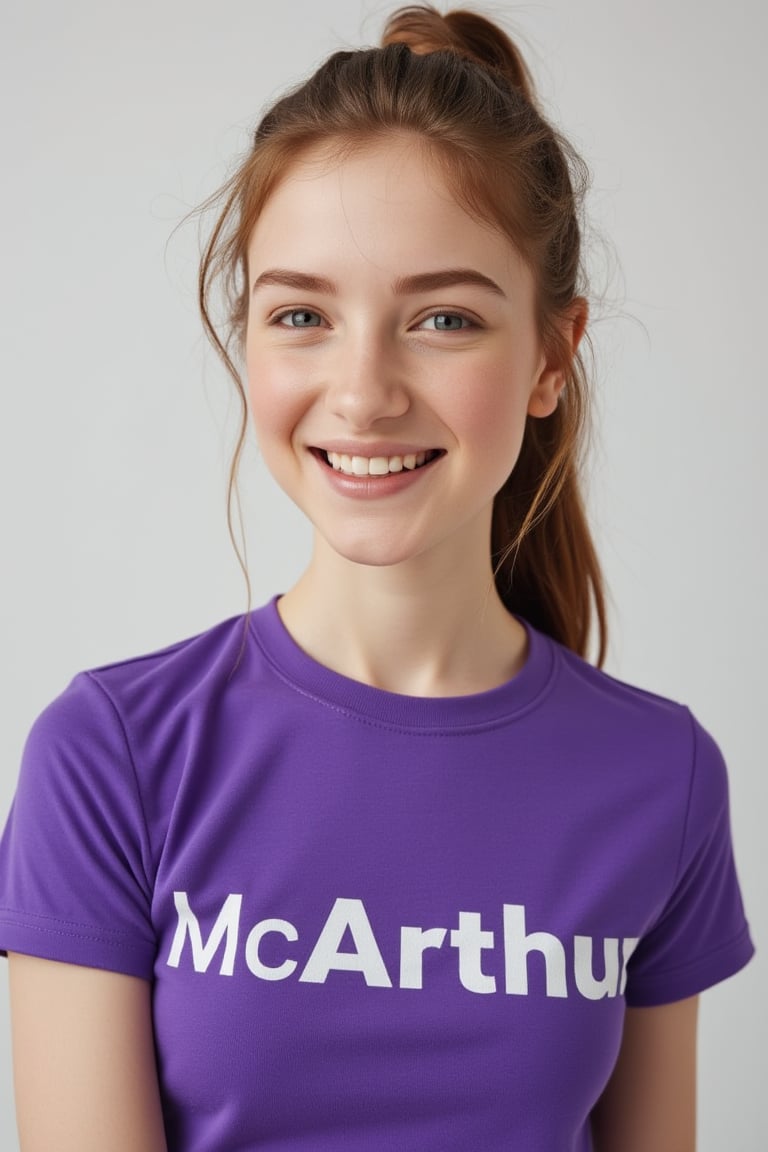 close-up portrait shot of a 20 year old woman wearing a purple teeshirt with the word "McArthur." emblazoned on it in bold white block text, laughing and smiling, gazing into the camera lens at an angle. The subject's long hair is in a chignon, framing her face against a clean and minimalist background. The overall focus is on the subject's facial features.,