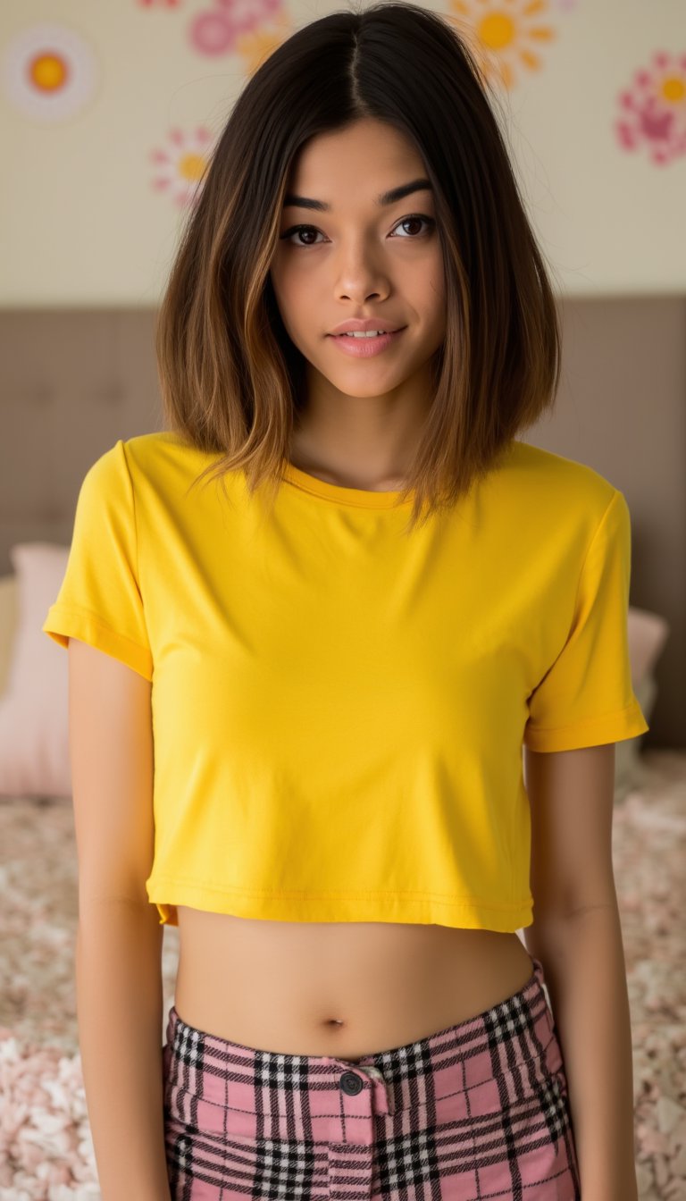 A close-up shot of a youthful woman with a chic bob hairstyle, sporting a bright yellow T-shirt and a playful plaid skirt. She stands confidently in front of a cozy bed, her eyes shining with a hint of mischief as she gazes directly into the camera lens.