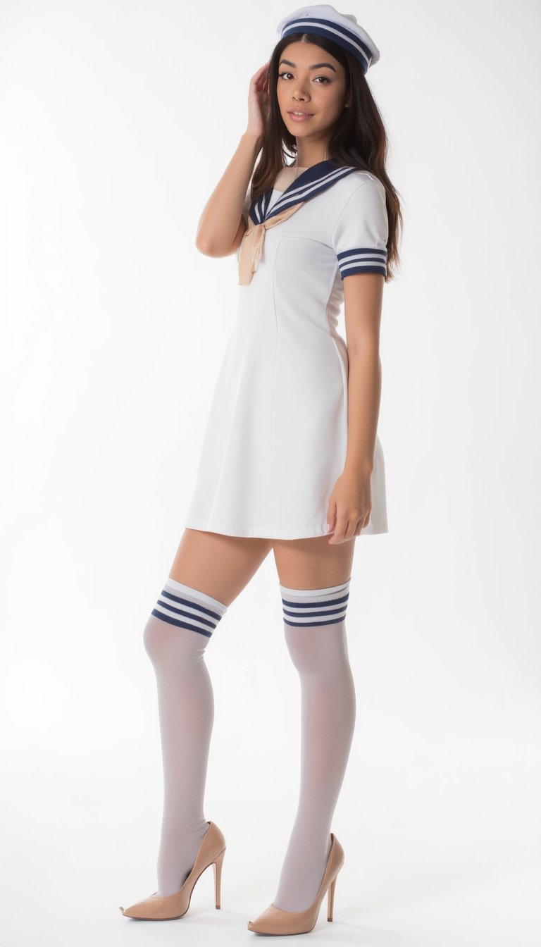 a woman in a white dress and stockings posing for a picture against a white background. She has a human face and is wearing a sailor outfit,h4r