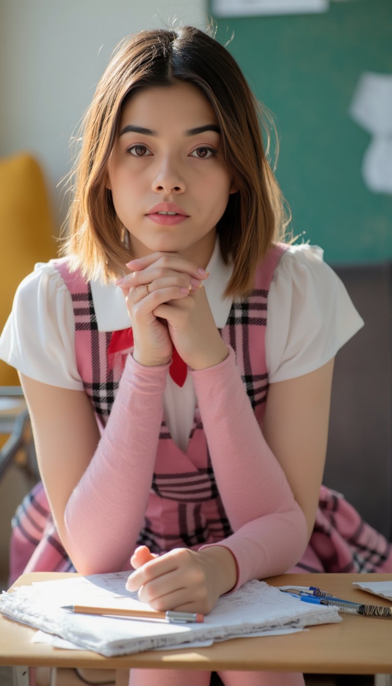 A close-up shot of a woman dressed in a vibrant school uniform-inspired cosplay outfit, complete with a crisp white blouse, plaid skirt, and knee-high socks. She sits on a wooden desk, surrounded by scattered textbooks and pens, her hands clasped together as if studying for an exam. Soft natural light illuminates the scene, casting a warm glow on her determined expression.