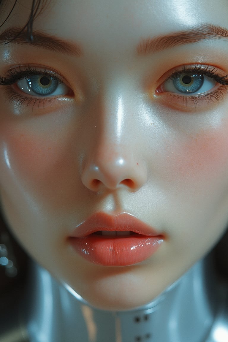 A close-up portrait of a woman's face, rendered in Hajime Sorayama's signature hyper-realistic style. Her expression is serene, with a subtle, inviting smile. The skin is flawlessly smooth, with a metallic sheen, and her eyes are large and luminous, reflecting a soft, ambient glow. The lighting is soft and diffused, highlighting the contours of her face and the delicate features of her lips and cheeks. The composition is centered, focusing intently on her expression and the intricate details of her cybernetic enhancements.