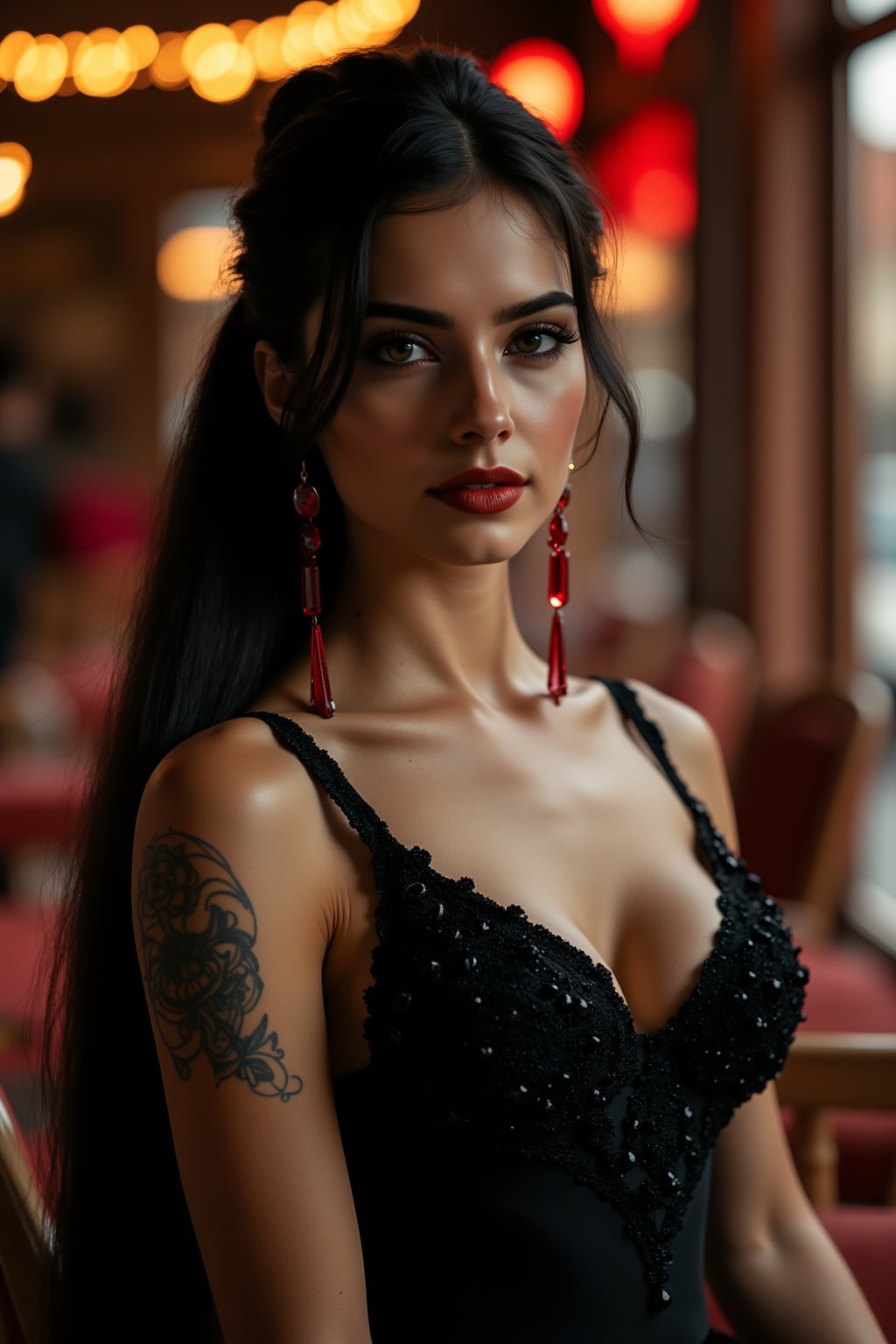 Insanely detailed full body photo of a spanish female tango dancer, sleek and straight hair, detailed beautiful face, nice hands, nice body, sexy spanish dancer black costume. red accessories and red earrings, tattoo, Professional photography, bokeh, natural lighting, canon lens, shot on dslr, 64 megapixels, sharp focus, award winning photograph,  Epic cinematic brilliant stunning intricate meticulously detailed dramatic atmospheric maximalist dslr photoshoot for fashion magazine cover