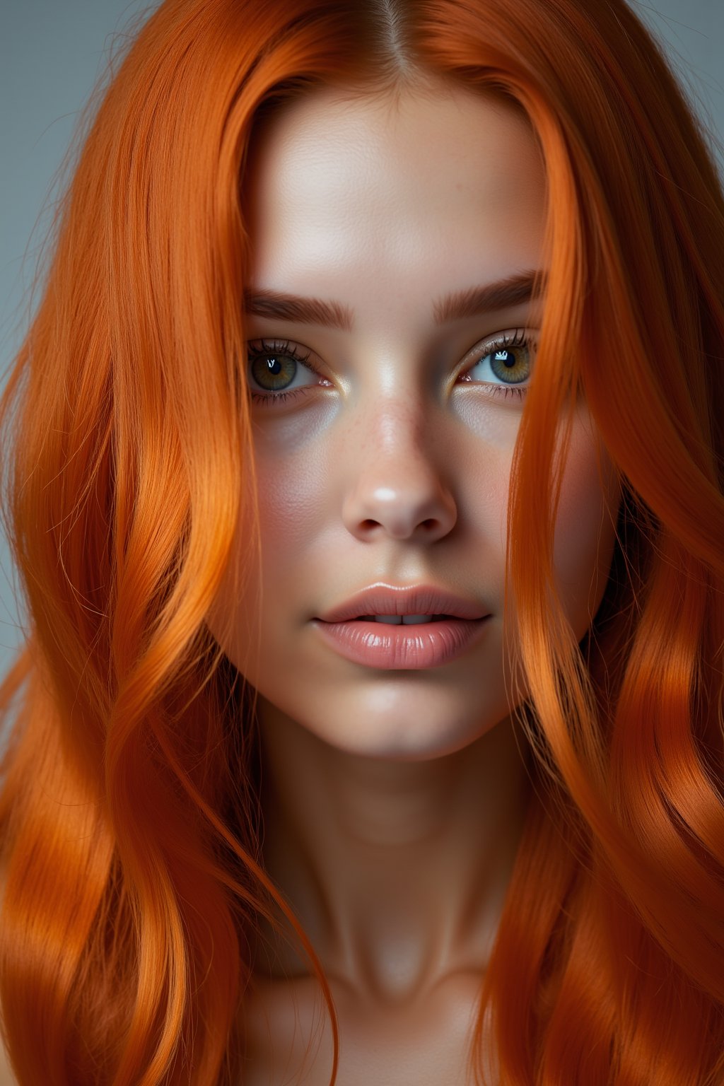 A close-up portrait of a woman with long, flowing red hair that cascades down her shoulders in soft waves. The vibrant, fiery hue catches the light, creating a striking contrast against the clean background. Her hair frames her face perfectly, adding texture and movement to the shot.