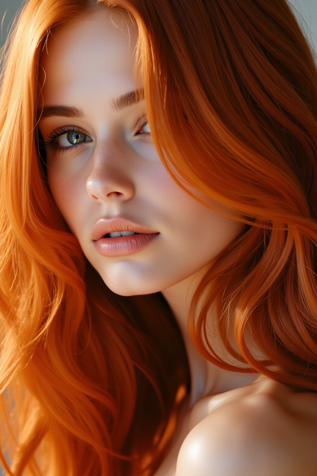 A close-up portrait of a woman with long, flowing red hair that cascades down her shoulders in soft waves. The vibrant, fiery hue catches the light, creating a striking contrast against the clean background. Her hair frames her face perfectly, adding texture and movement to the shot.