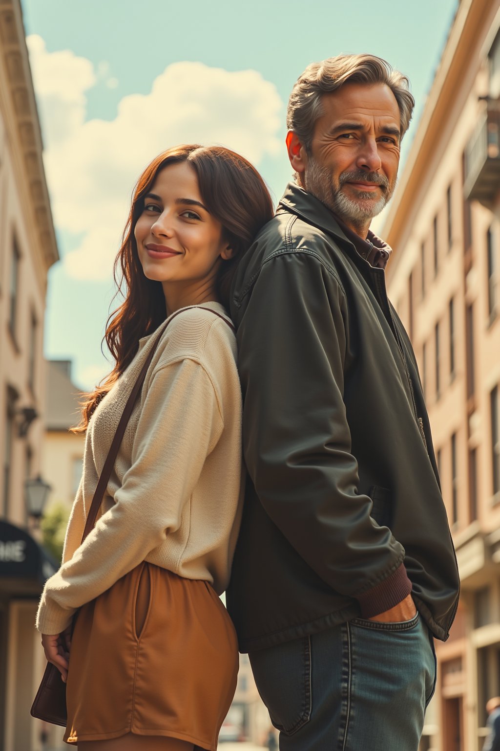 a highly detailed,intricate romance movie poster featuring a pretty,young woman and an older man standing back to back. The style is inspired by the classic rom-coms of the 1990s,reminiscent of films like "When Harry Met Sally" (directed by Rob Reiner) and "Sleepless in Seattle" (directed by Nora Ephron). The poster features a charming,urban backdrop and a soft,pastel color palette. The characters are dressed in casual,yet stylish outfits and have warm,inviting expressions. a dynamic composition and soft,natural lighting to create a romantic and intimate mood. Pay attention to intricate details in the characters' clothing,expressions,and the surrounding environment. Incorporate elements of vintage design to enhance the nostalgic atmosphere. The overall mood evokes feelings of warmth,nostalgia,and romantic longing,suggesting the possibility of love and connection in unexpected places.,both characters smile,the background is plain,