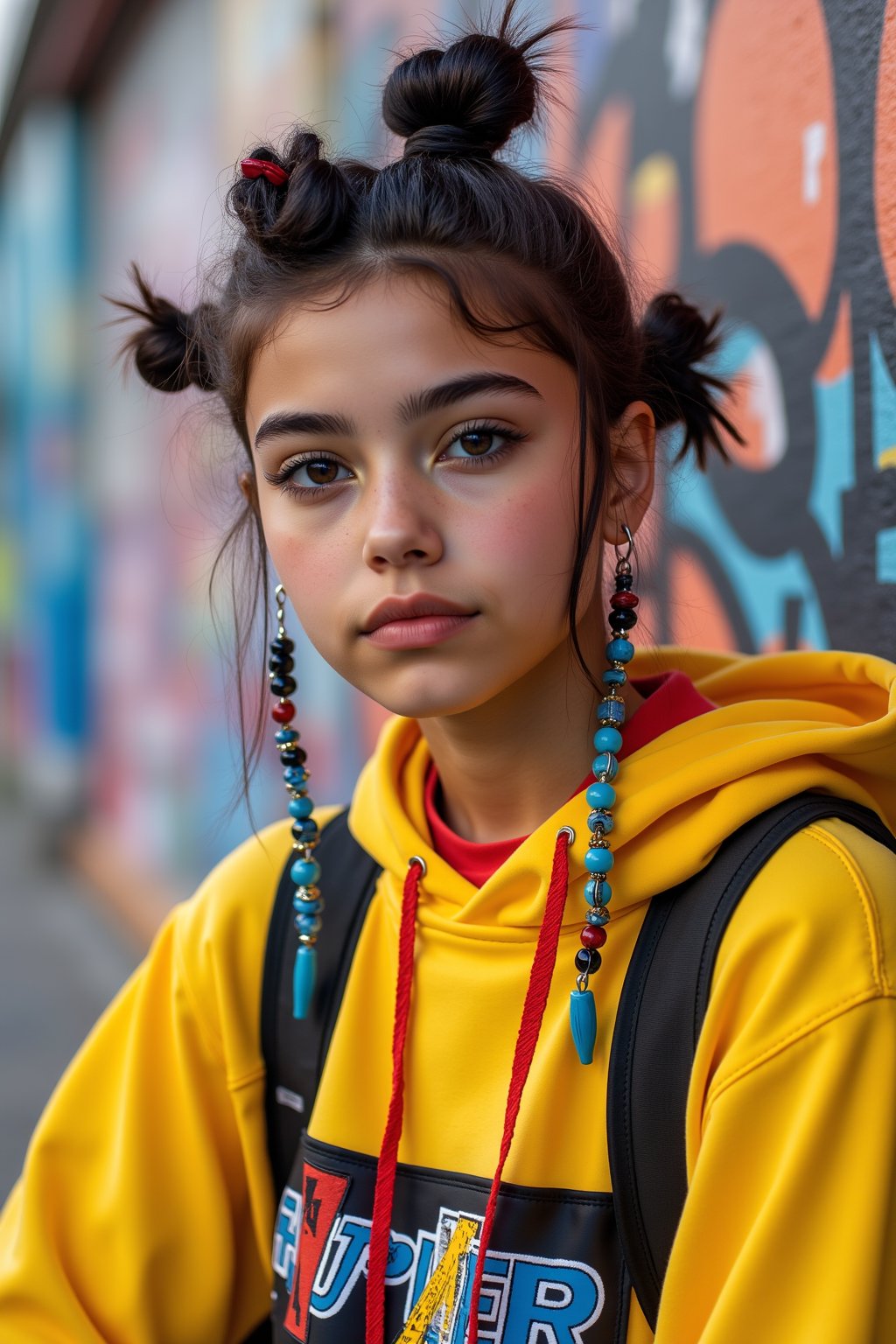 Capture a portrait of a young person with a vibrant, urban street style. Think bold colors, unique accessories, and a confident, edgy pose. The background could be a bustling city street or a graffiti-covered wall, adding to the dynamic feel of the image, flmft style