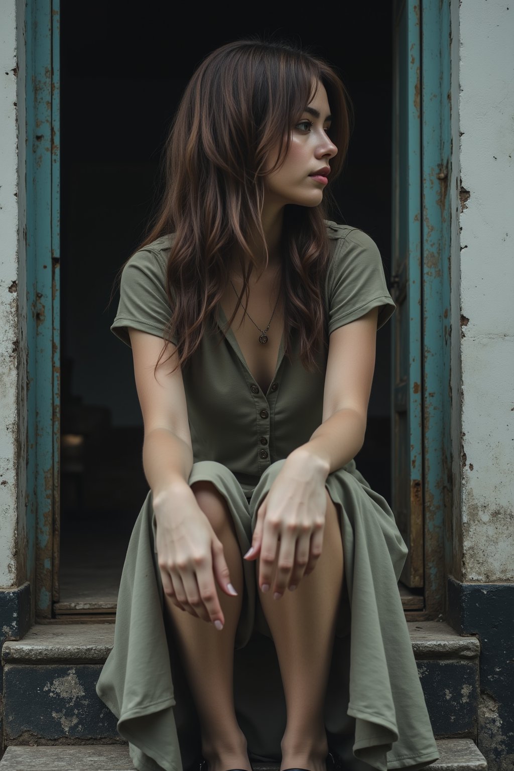 photograph of a woman, long messy brunette hair, looking away from the viewer, sitting on a step in front of a worn old door, wearing a revealing button down t-shirt, long skirt, platform shoes, light makeup, dismal day, cloudy, high dynamic range, vivid, rich details, clear shadows and highlights, realistic, intense, enhanced contrast, highly detailed