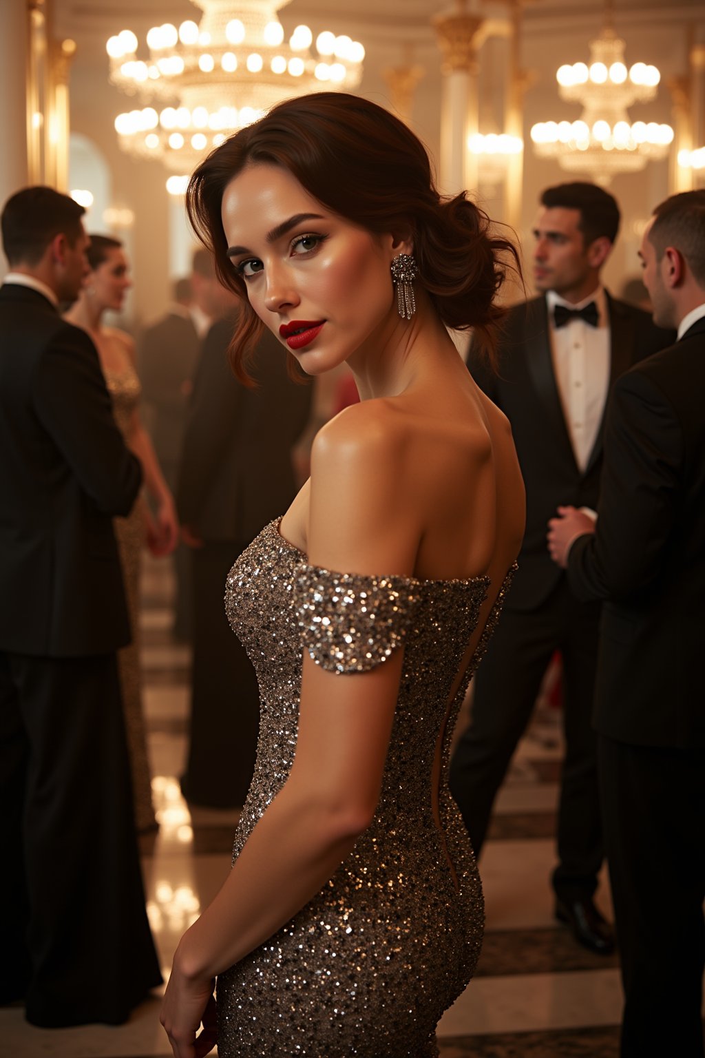 A highly detailed, ultra-realistic photo of Black Widow, red lipstick, and faint smudges of blue and pink around her eyes. She’s attending an elegant cocktail party, wearing a stunning, off-shoulder glittering gown that sparkles under the soft ambient lighting.
The setting is a luxurious, cinematic ballroom, with warm, golden lights softly glowing from chandeliers and reflections bouncing off polished marble floors. The camera captures her from a low angle, emphasizing her confident, carefree attitude, while the crowd around her fades into a blurred bokeh of motion. The atmosphere feels vibrant and alive, with clinking glasses, laughter, and soft jazz music filling the air.