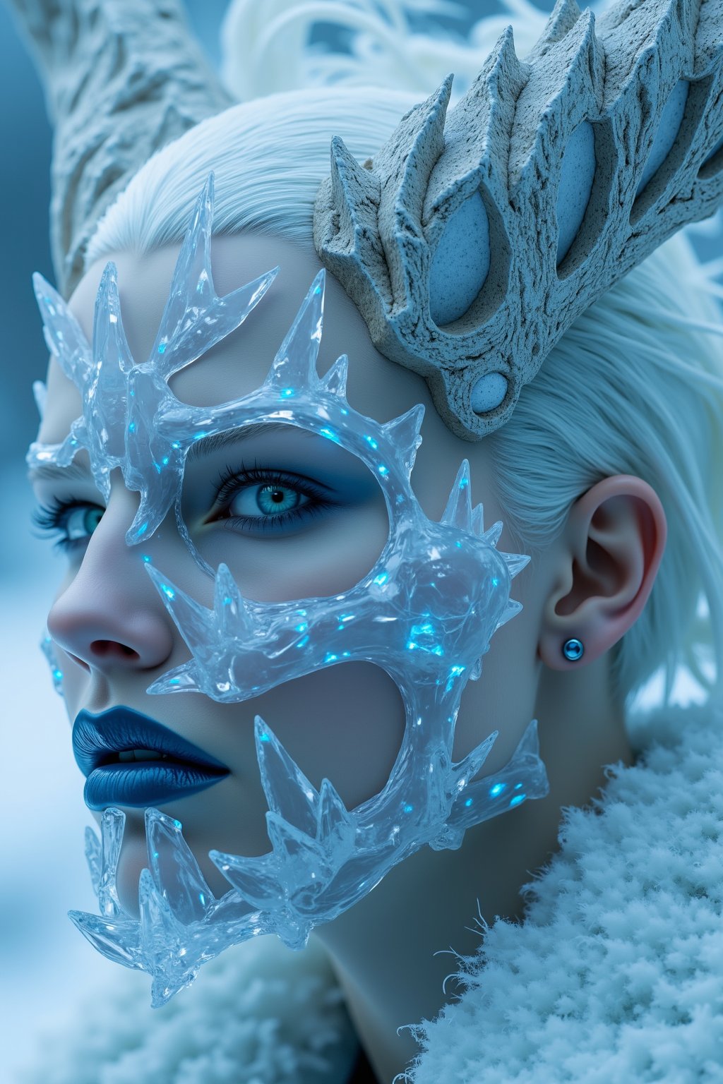 A hyper-realistic portrait, photorealistic photo close-up image of A close-up portrait of a female, with short, spiked white hair and pale, almost translucent skin, belonging to a mysterious race of ice witches. She appears to be in her early 30s, her gaze cold and calculating beneath a sinister, horned mask. The mask is carved from ancient, enchanted ice, with jagged, crystalline horns that protrude from either side, each one glistening with frozen shards. The surface of the mask is smooth, but faint blue runes pulse with a chilling light, spreading an aura of cold that seems to seep from the mask itself. Her lips are blue and slightly parted, revealing sharp, icicle-like teeth, and her icy blue eyes glow with a dangerous, arcane power. The background is a swirling mist of frosty whites and cool blues, with hints of silver that shimmer like the Northern Lights, creating a scene that is both beautiful and terrifying. The combination of the horned mask and the icy backdrop gives her the appearance of an ancient, powerful witch, commanding the frozen forces of her homeland. (photography, high-resolution, dynamic, energetic,hyper-realistic, dramatic lighting, shallow depth of field.), detailmaximizer, MythP0rt