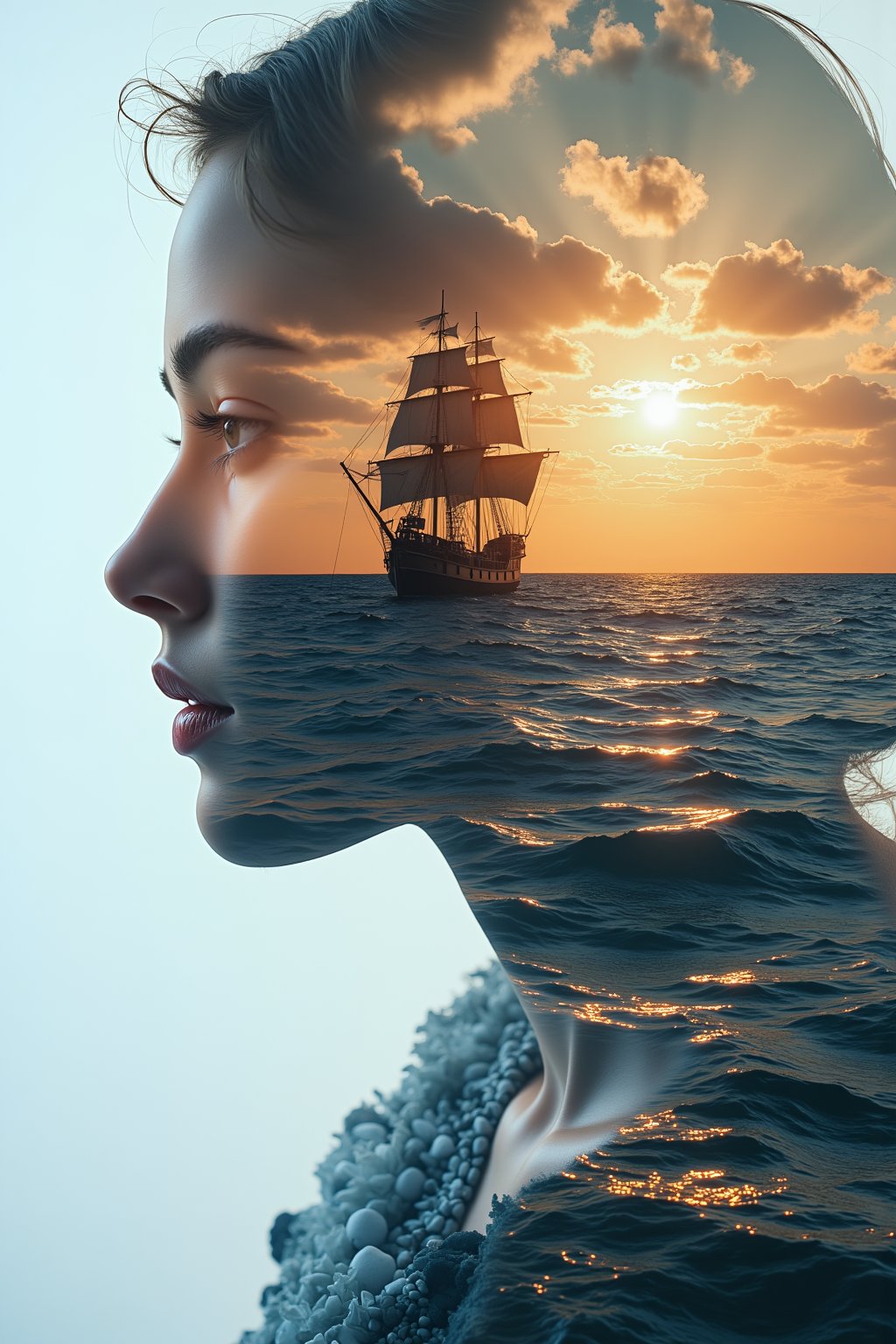 {double exposure of a close-up profile of a woman made out of a seascape with a pirate ship} natural lighting, ultra-realistic, masterpiece, rich colour, double exposure, merged, flmft style