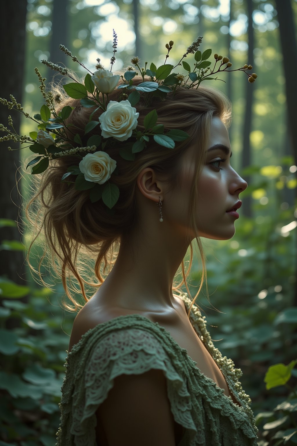 Generate a portrait of a person with an ethereal, mystical quality, set in a dense forest. The subject could have flowing, natural hair, adorned with flowers or leaves. Soft, dappled light filtering through the trees adds to the enchanting atmosphere, flmft style