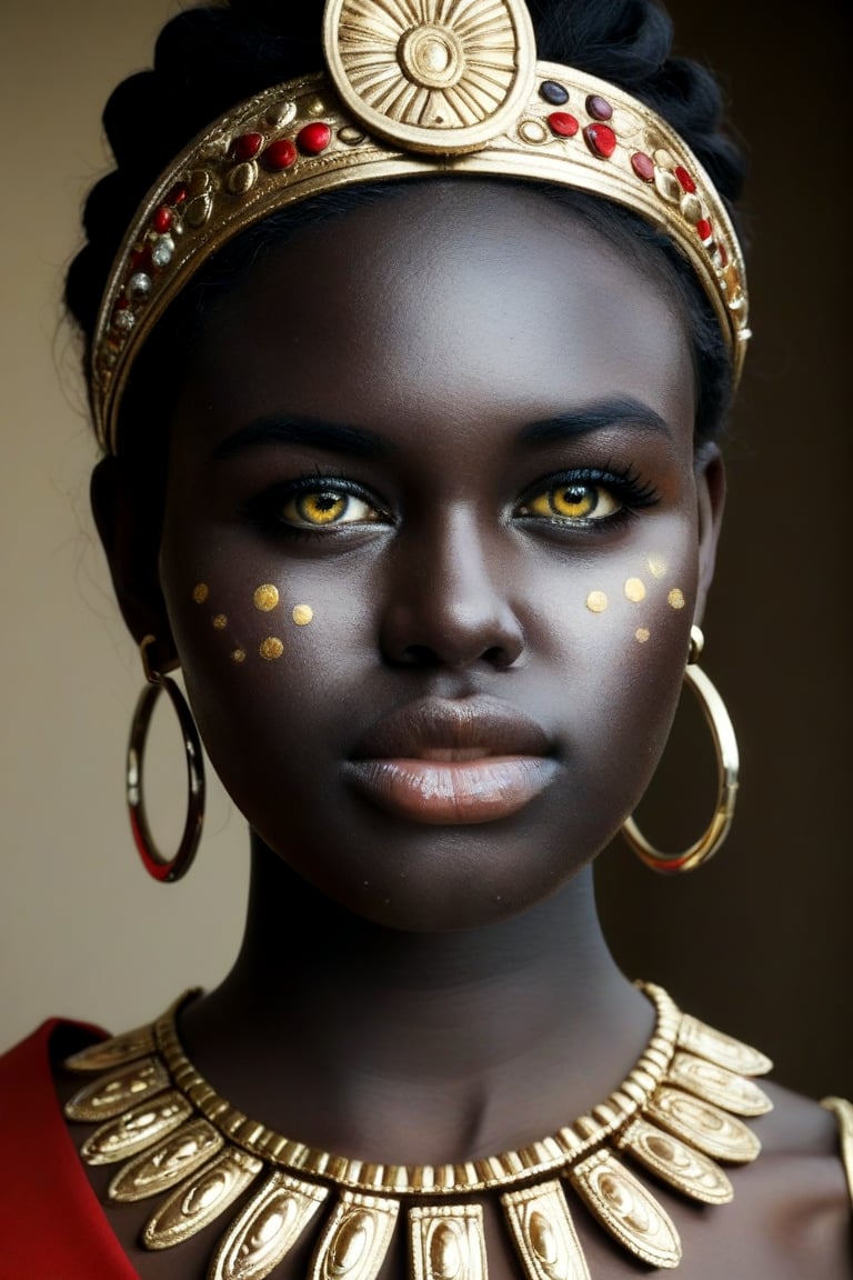 Imagine a hyper-detailed portrait of a woman with azure eye, dark black skin, her face decorated with gold tribal tattoos that swirl and curve around her eyes, cheeks, and neck. The golden motifs are complex, with lines, dots, and spirals that add texture and depth to her visage. Her lips are painted with a deep metallic color that harmonizes with the golden details on her skin. She wears a prominent headdress of gold, adorned with dangling ornaments that add movement and contrast to the stillness of her face. Large, elegant gold hoop earrings complement the tribal-inspired design, and her eyes are framed with dramatic golden eye shadow and long, defined lashes. The lighting is soft yet focused, highlighting the gold’s shimmer and the matte finish of her darl black skin, lending a realistic touch to this ethereal composition. This photorealistic image fuses ancient cultural elements with a modern style, creating a mesmerizing effect,Blkin