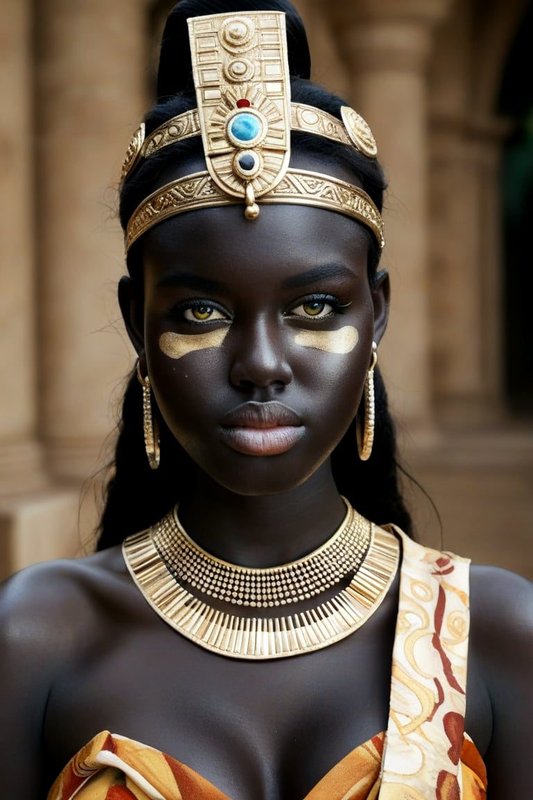 Imagine a hyper-detailed portrait of a woman with azure eye, dark black skin, her face decorated with gold tribal tattoos that swirl and curve around her eyes, cheeks, and neck. The golden motifs are complex, with lines, dots, and spirals that add texture and depth to her visage. Her lips are painted with a deep metallic color that harmonizes with the golden details on her skin. She wears a prominent headdress of gold, adorned with dangling ornaments that add movement and contrast to the stillness of her face. Large, elegant gold hoop earrings complement the tribal-inspired design, and her eyes are framed with dramatic golden eye shadow and long, defined lashes. The lighting is soft yet focused, highlighting the gold’s shimmer and the matte finish of her darl black skin, lending a realistic touch to this ethereal composition. This photorealistic image fuses ancient cultural elements with a modern style, creating a mesmerizing effect,Blkin