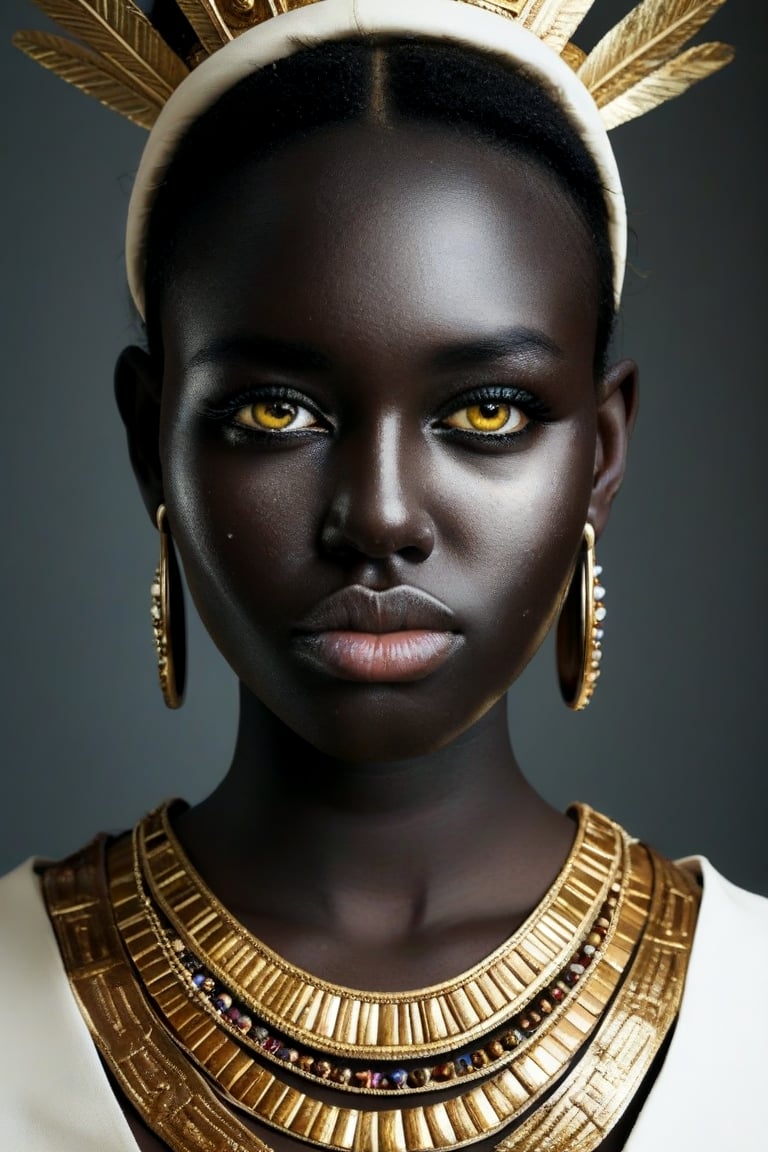 Imagine a hyper-detailed portrait of a woman with azure eye, dark black skin, her face decorated with gold tribal tattoos that swirl and curve around her eyes, cheeks, and neck. The golden motifs are complex, with lines, dots, and spirals that add texture and depth to her visage. Her lips are painted with a deep metallic color that harmonizes with the golden details on her skin. She wears a prominent headdress of gold, adorned with dangling ornaments that add movement and contrast to the stillness of her face. Large, elegant gold hoop earrings complement the tribal-inspired design, and her eyes are framed with dramatic golden eye shadow and long, defined lashes. The lighting is soft yet focused, highlighting the gold’s shimmer and the matte finish of her darl black skin, lending a realistic touch to this ethereal composition. This photorealistic image fuses ancient cultural elements with a modern style, creating a mesmerizing effect,Blkin