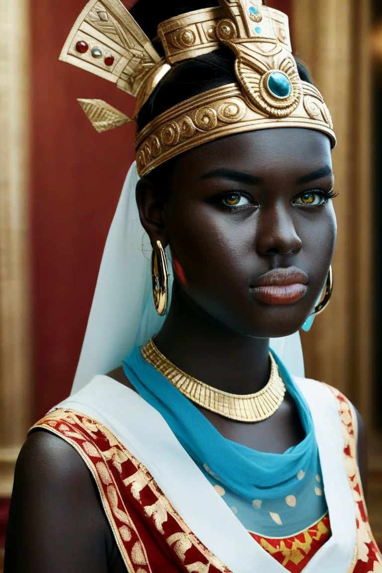 Imagine a hyper-detailed portrait of a woman with azure eye, dark black skin, her face decorated with gold tribal tattoos that swirl and curve around her eyes, cheeks, and neck. The golden motifs are complex, with lines, dots, and spirals that add texture and depth to her visage. Her lips are painted with a deep metallic color that harmonizes with the golden details on her skin. She wears a prominent headdress of gold, adorned with dangling ornaments that add movement and contrast to the stillness of her face. Large, elegant gold hoop earrings complement the tribal-inspired design, and her eyes are framed with dramatic golden eye shadow and long, defined lashes. The lighting is soft yet focused, highlighting the gold’s shimmer and the matte finish of her darl black skin, lending a realistic touch to this ethereal composition. This photorealistic image fuses ancient cultural elements with a modern style, creating a mesmerizing effect,Blkin