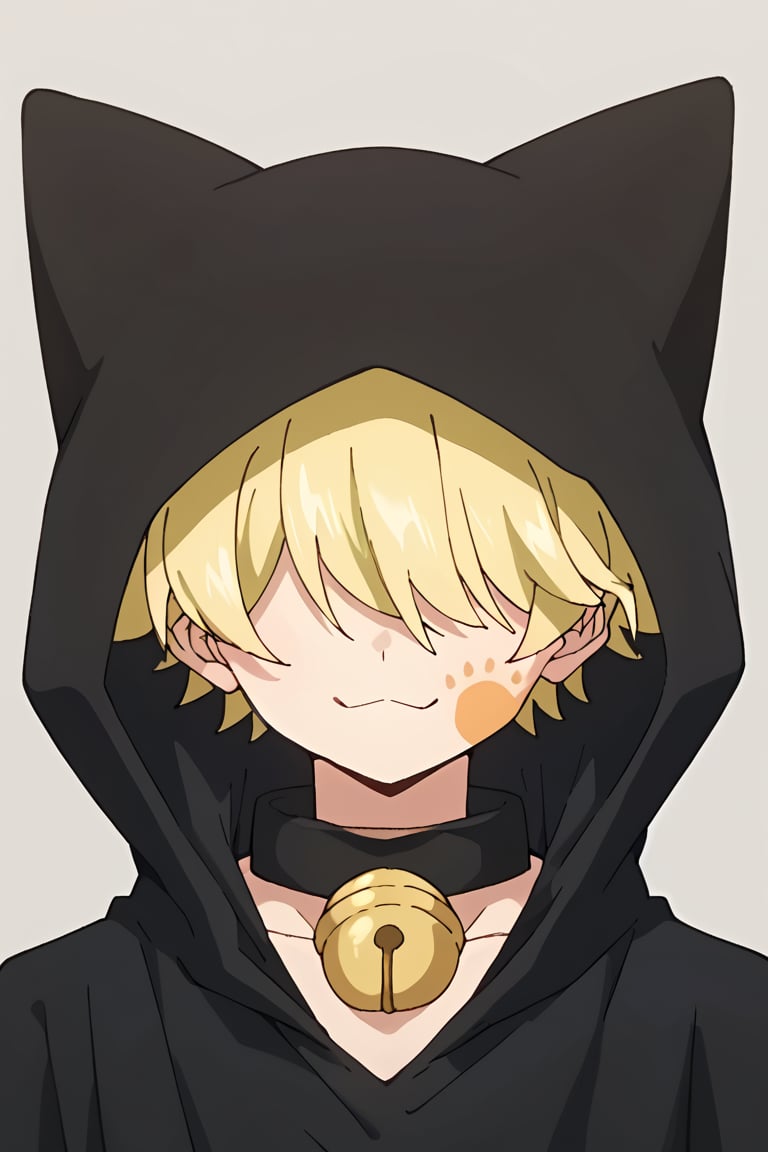 score_9, score_8_up, score_7_up, source_anime, BREAK, 1boy, male focus, solo, slender body, Kengo, yellow hair, hair over eyes, smile, :3, neck bell, black cat hood, paw print on left cheek, tail, looking at viewer, portrait, simple background