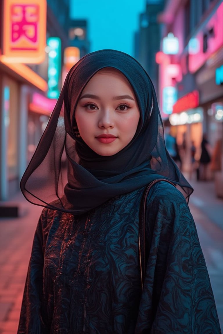  A close-up shot of a stunning girl, adorned with a flowing long hijab, set against the vibrant backdrop of a bustling city. Her bright eyes sparkle under the soft glow of neon lights as she confidently walks down the street, her hijab blowing gently in the urban breeze, Anime90'sStyle
