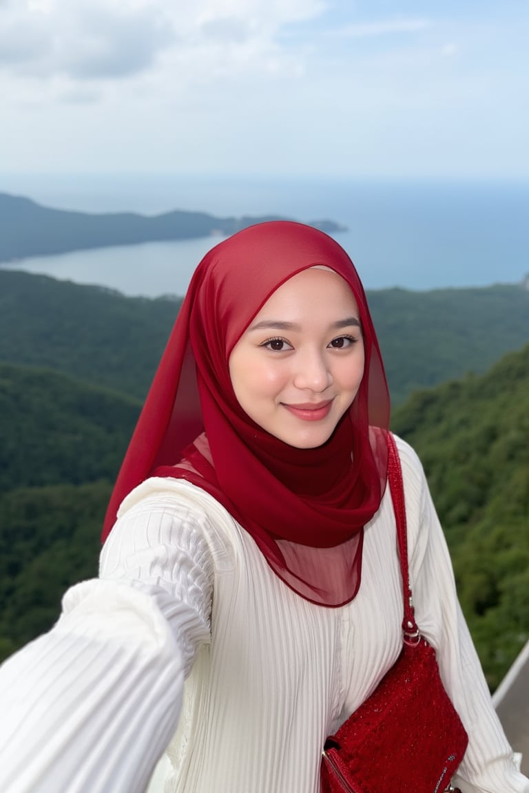 This is a high-resolution photograph featuring a young woman taking a selfie at an elevated viewpoint, likely a lookout or skywalk. The woman is of South Asian descent, with fair skin and a round face adorned with meticulously applied makeup, including bold, winged eyeliner and matte lipstick in a deep red shade. She wears a white, long-sleeve ribbed knit sweater and a voluminous, rich red hijab that flows gracefully around her, covering her head and shoulders. 

Her hijab is made of a lightweight, sheer fabric that allows for a soft, delicate texture contrasted against the knit sweater. She has a confident smile and is looking directly at the camera, capturing the moment with her right arm extended. She carries a woven, red leather handbag over her left shoulder, adding a pop of color to her outfit.

In the background, the scene extends to a breathtaking panoramic view of lush green forested hills and a vast body of water, likely a sea or lake, under a partly cloudy sky. The horizon is distant, with faint outlines of distant islands and the coastline. The overall mood of the image is serene and picturesque, highlighting both the beauty of nature and the woman's elegant attire.