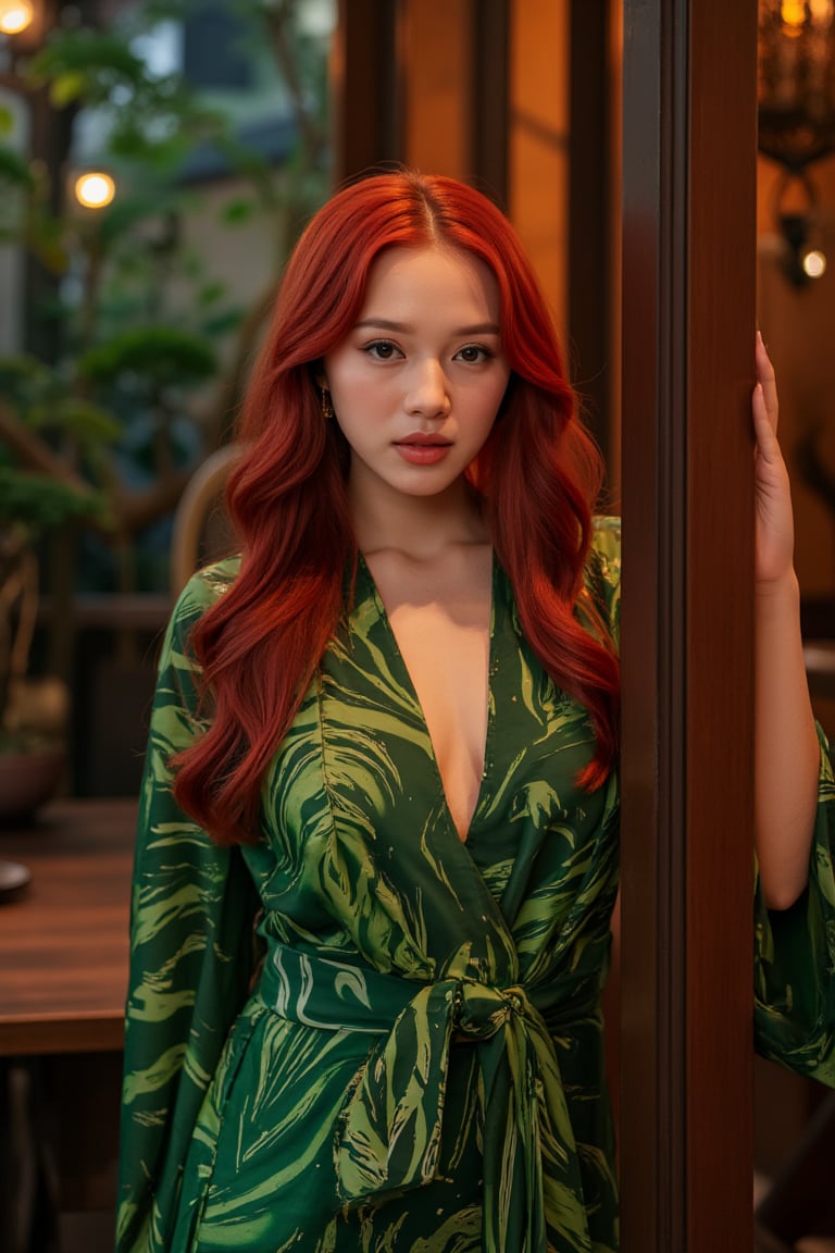 Beautiful woman resembling Poison Ivy behind high-end. Wearing baju kurung moden. Long, flowing red hair with green highlights. Pale green skin. sensual movements. Provocative gaze directly at viewer. Background: luxurious Japanese outdoor, dim warm lighting. Bonsai trees, ikebana arrangements visible. Ivy tendrils creeping along. Photorealistic style with fantasy elements. Sharp focus on Ivy, slight blur on background. Color palette: rich greens, wood tones, pops of red and white. Soft, warm lighting emphasizing curves and creating mysterious atmosphere.