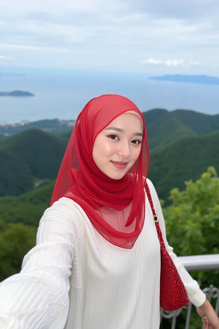 This is a high-resolution photograph featuring a young woman taking a selfie at an elevated viewpoint, likely a lookout or skywalk. The woman is of South Asian descent, with fair skin and a round face adorned with meticulously applied makeup, including bold, winged eyeliner and matte lipstick in a deep red shade. She wears a white, long-sleeve ribbed knit sweater and a voluminous, rich red hijab that flows gracefully around her, covering her head and shoulders. 

Her hijab is made of a lightweight, sheer fabric that allows for a soft, delicate texture contrasted against the knit sweater. She has a confident smile and is looking directly at the camera, capturing the moment with her right arm extended. She carries a woven, red leather handbag over her left shoulder, adding a pop of color to her outfit.

In the background, the scene extends to a breathtaking panoramic view of lush green forested hills and a vast body of water, likely a sea or lake, under a partly cloudy sky. The horizon is distant, with faint outlines of distant islands and the coastline. The overall mood of the image is serene and picturesque, highlighting both the beauty of nature and the woman's elegant attire.