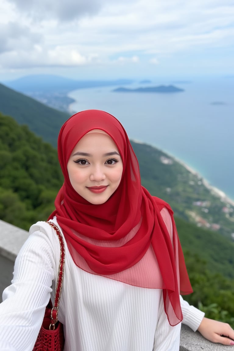 This is a high-resolution photograph featuring a young woman taking a selfie at an elevated viewpoint, likely a lookout or skywalk. The woman is of South Asian descent, with fair skin and a round face adorned with meticulously applied makeup, including bold, winged eyeliner and matte lipstick in a deep red shade. She wears a white, long-sleeve ribbed knit sweater and a voluminous, rich red hijab that flows gracefully around her, covering her head and shoulders. 

Her hijab is made of a lightweight, sheer fabric that allows for a soft, delicate texture contrasted against the knit sweater. She has a confident smile and is looking directly at the camera, capturing the moment with her right arm extended. She carries a woven, red leather handbag over her left shoulder, adding a pop of color to her outfit.

In the background, the scene extends to a breathtaking panoramic view of lush green forested hills and a vast body of water, likely a sea or lake, under a partly cloudy sky. The horizon is distant, with faint outlines of distant islands and the coastline. The overall mood of the image is serene and picturesque, highlighting both the beauty of nature and the woman's elegant attire.