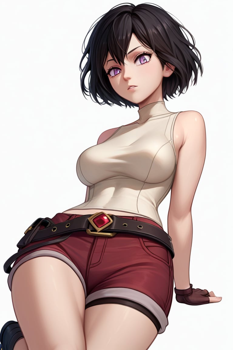 score_9, score_8_up, score_7_up, score_6_up, Masterpiece, best quality, high quality, highres, 4k, BREAK, 
1girl, Mariella, black hair, short hair, purple eyes, light Brown vest, belt, dark red short dress, dark red shorts, black boots, 

, solo, 

, 

,((white background, blank background)):1
,