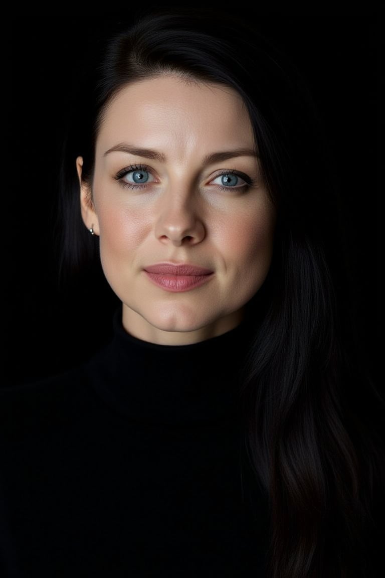 A medium shot of woC4itB4lf3 wearing a black turtleneck sweater. She has black long hair. She is looking directly at the viewer with her gorgeous blue eyes. The background is solid black making the whole focus on the subject. The picture is well taken with amazing illumination cating on the subject.