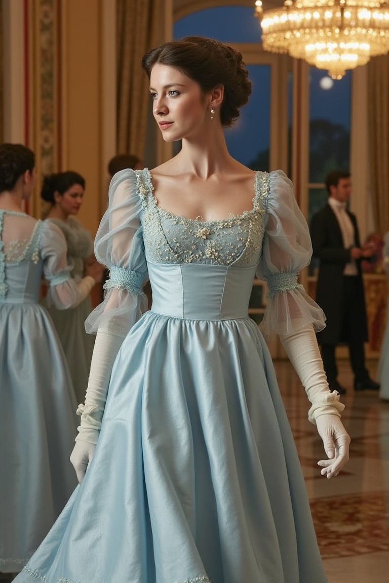 A young woC4itB4lf3  glides through a grand ballroom in the early 19th century, dressed in an empire-waist gown made of pale blue silk, its high waistline just below her bust, flowing into a simple, elegant skirt. The bodice is embroidered with tiny white flowers, and sheer puff sleeves rest lightly on her shoulders. Her hair is styled in an intricate updo, with delicate curls framing her face, and she wears long, white gloves. A chandelier sparkles above, casting light onto the polished marble floors where couples waltz to the sound of a live orchestra. In the background, other women in similar gowns chat near the large windows, which open out to a moonlit garden.