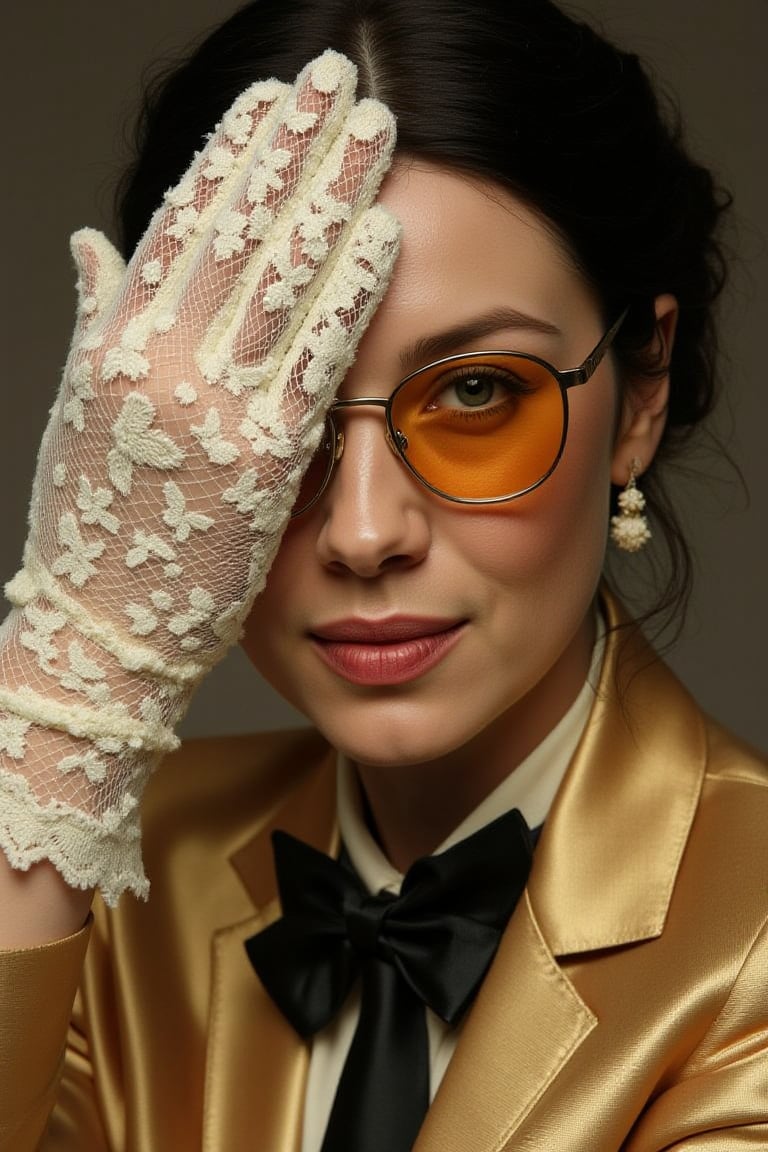 A portrait of woC4itB4lf3 she wears a golden suit with black bowtie. She has a golden shade glasses, She has in a single hand a delicate lace glove with butterfly patterns. She has the hand with the glove touching  her face covering a single eye.