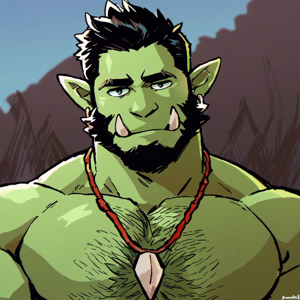 mawfulme, 1boy, bara, beard, black hair, chest tuft, colored skin, earrings, extra tusks, facial hair, full beard, green skin, head tilt, jewelry, large pectorals, male focus, mature male, monster boy, muscular, muscular male, necklace, orc, outdoors, pectorals, pointy ears, short hair, solo, thick beard, thick chest hair, tooth necklace, tribal, tsurime, tusks, score_9, score_8_up, score_7_up, score_6_up, score_5_up, score_4_up