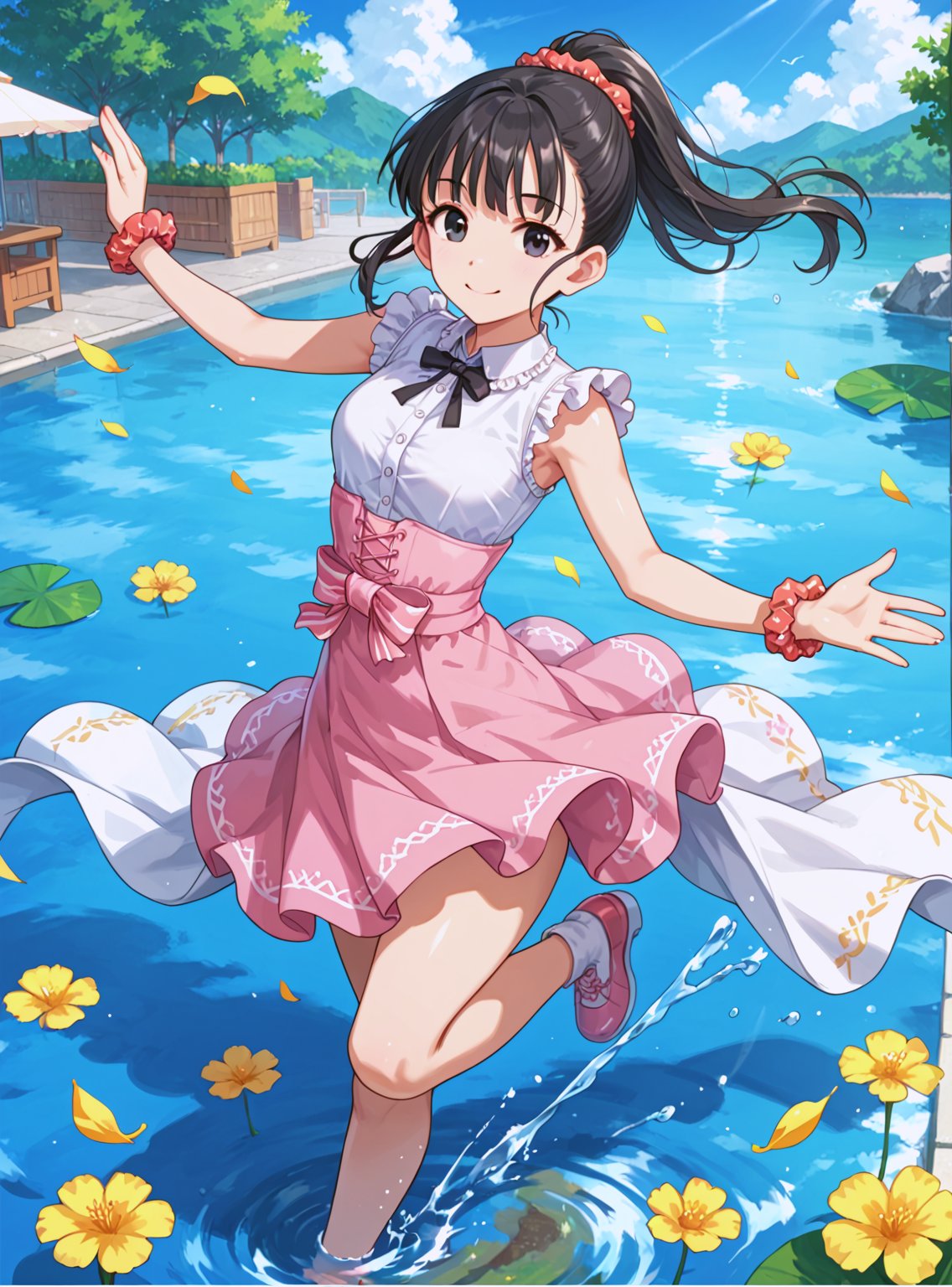 score_9, score_8_up, score_7_up, source_anime, (perfect anatomy:1.4), beautiful skin,
,//characters, 
1girl, solo, fukuyamamai1, black hair, bangs, ponytail, scrunchie, black eyes, 
sleeveless, pink skirt,
,//situation
outdoors, water, puddle
,//Pose
1girl, solo, smile, dancing
,/LoRA, beautiful_female_fingers, (4_fingers and 1thumb on hand), (perfect hand), (beautiful hands), perfect anatomy,