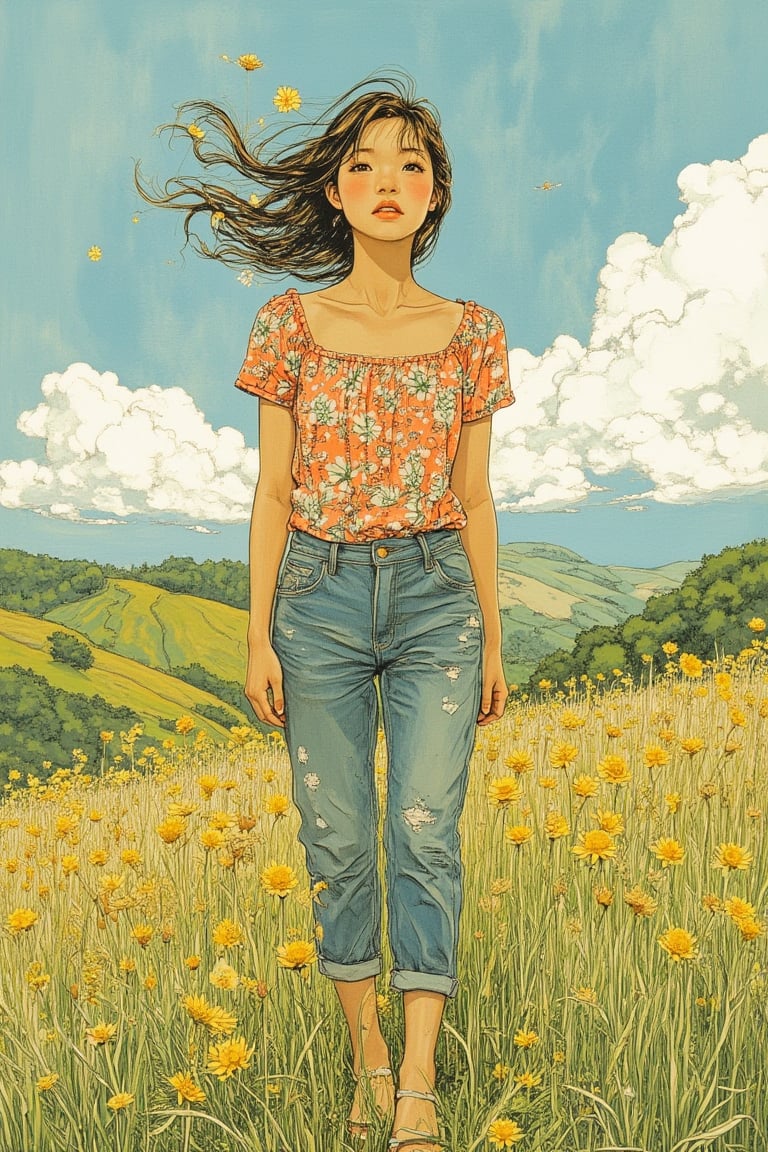 A cute girl in Yuko Shimizu's art style, standing on a hill with a windy breeze, wearing a flowers-patterned blouse and denim pants. The scene is framed with the girl in the center, surrounded by lush greenery and a bright, sunny sky. The lighting is soft and warm, highlighting the girl's playful expression and wind-blown hair. The composition emphasizes the natural setting, with the girl's pose relaxed and casual, blending harmoniously with the vibrant landscape.