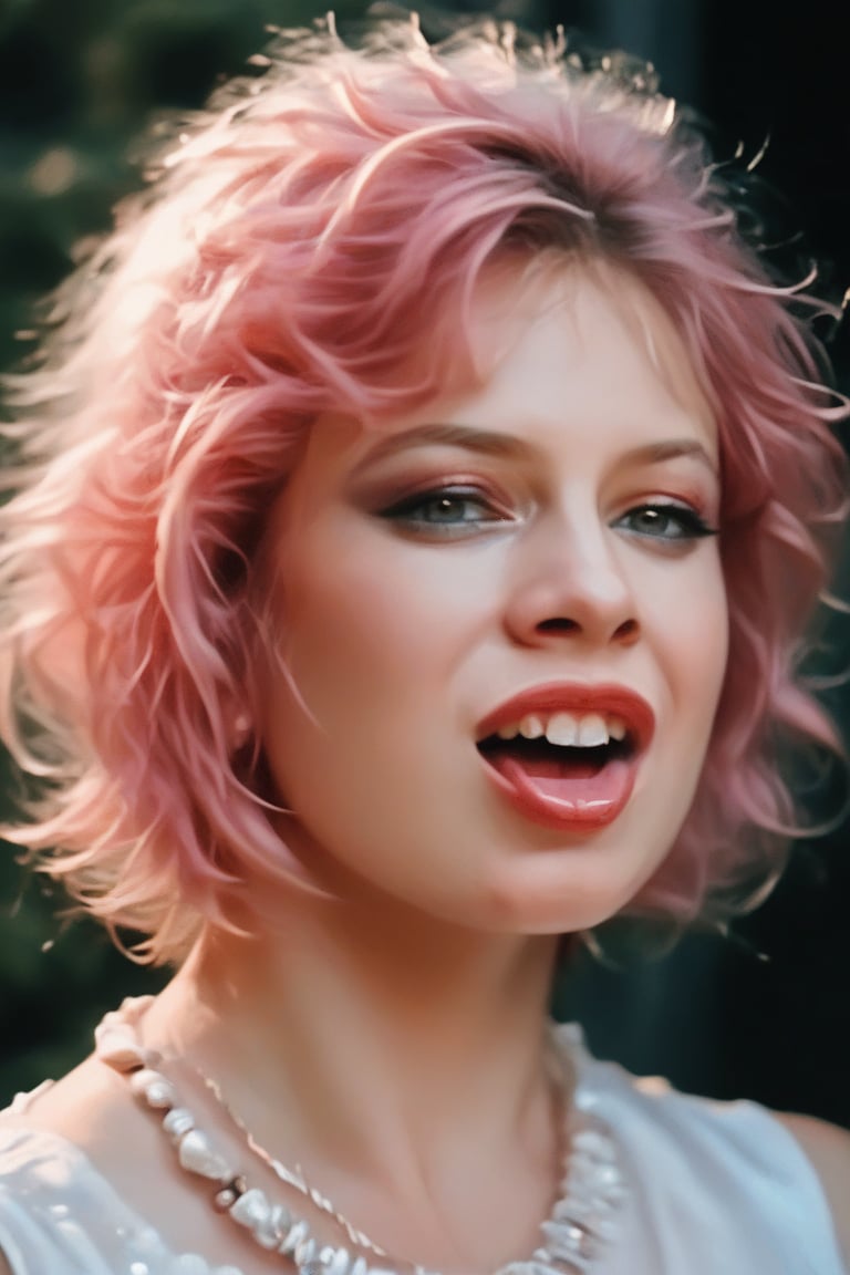 Traci#,1girl,solo,pink hair,short hair,open eyes, sharp and detailed, 4K, portrait, looking at viewer, open mouth, tongue, tongue out, realistic, score_9,score_8_up,score_7_up,score_6_up