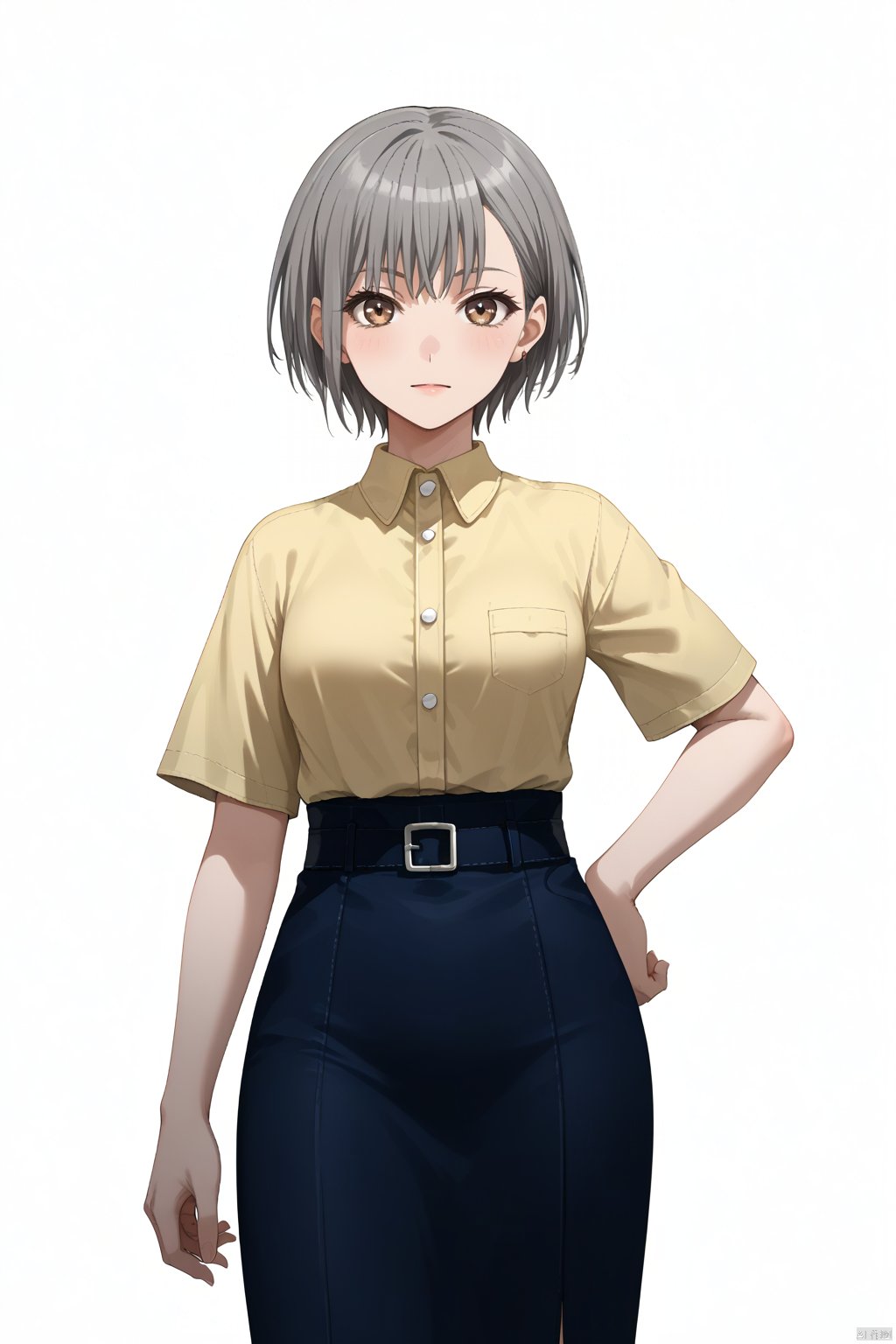 1girl,solo,looking at viewer,simple background,white background,Takamatsu Tomori,short hair, brown eyes,grey hair