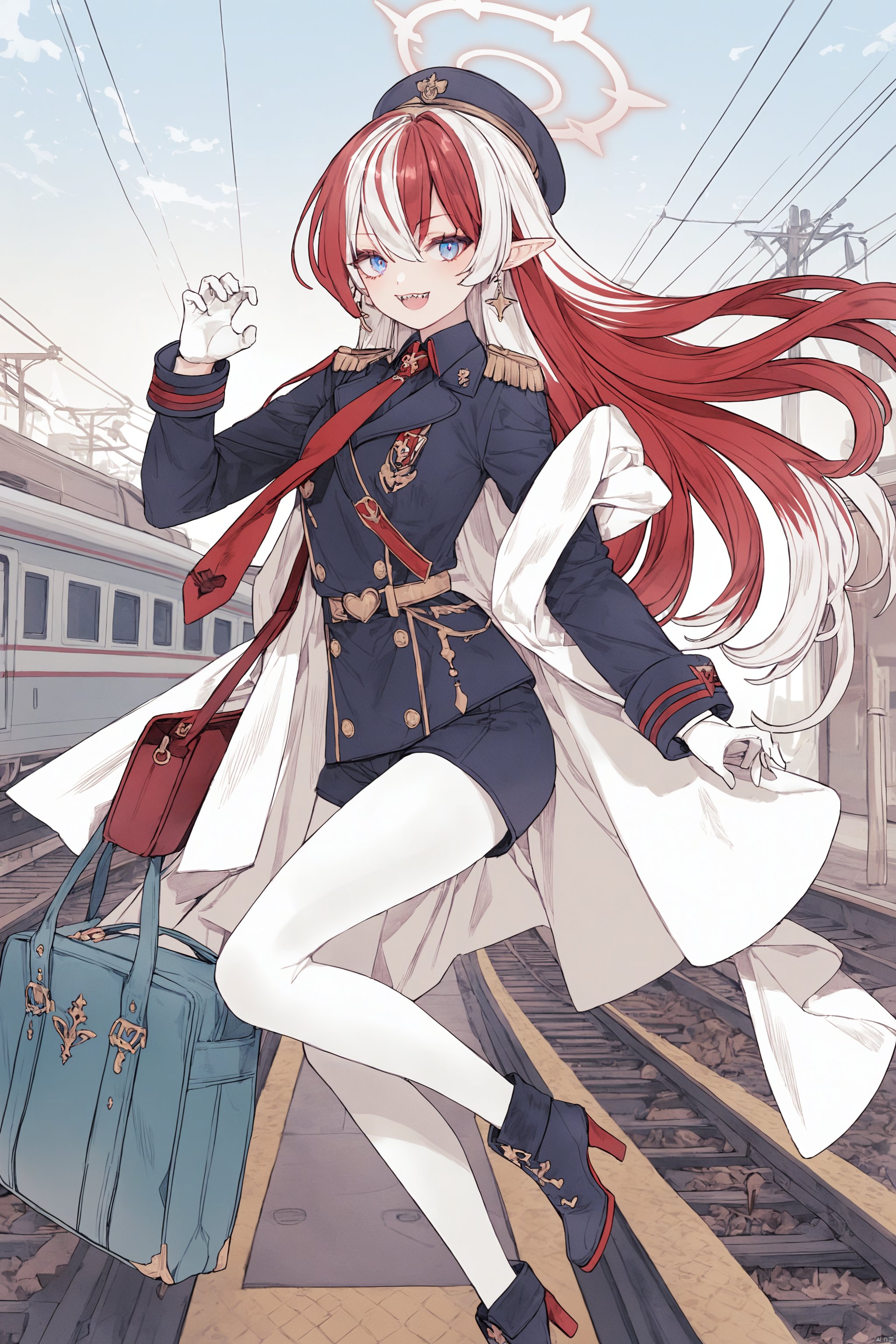 1girl, solo, long hair, looking at viewer, smile, open mouth, blue eyes, gloves, long sleeves, hat, jewelry, white hair, heart, pantyhose, red hair, multicolored hair, earrings, boots, necktie, shorts, teeth, pointy ears, white gloves, bag, uniform, high heels, two-tone hair, fangs, halo, sharp teeth, red necktie, ground vehicle, motor vehicle, white pantyhose, claw pose, train