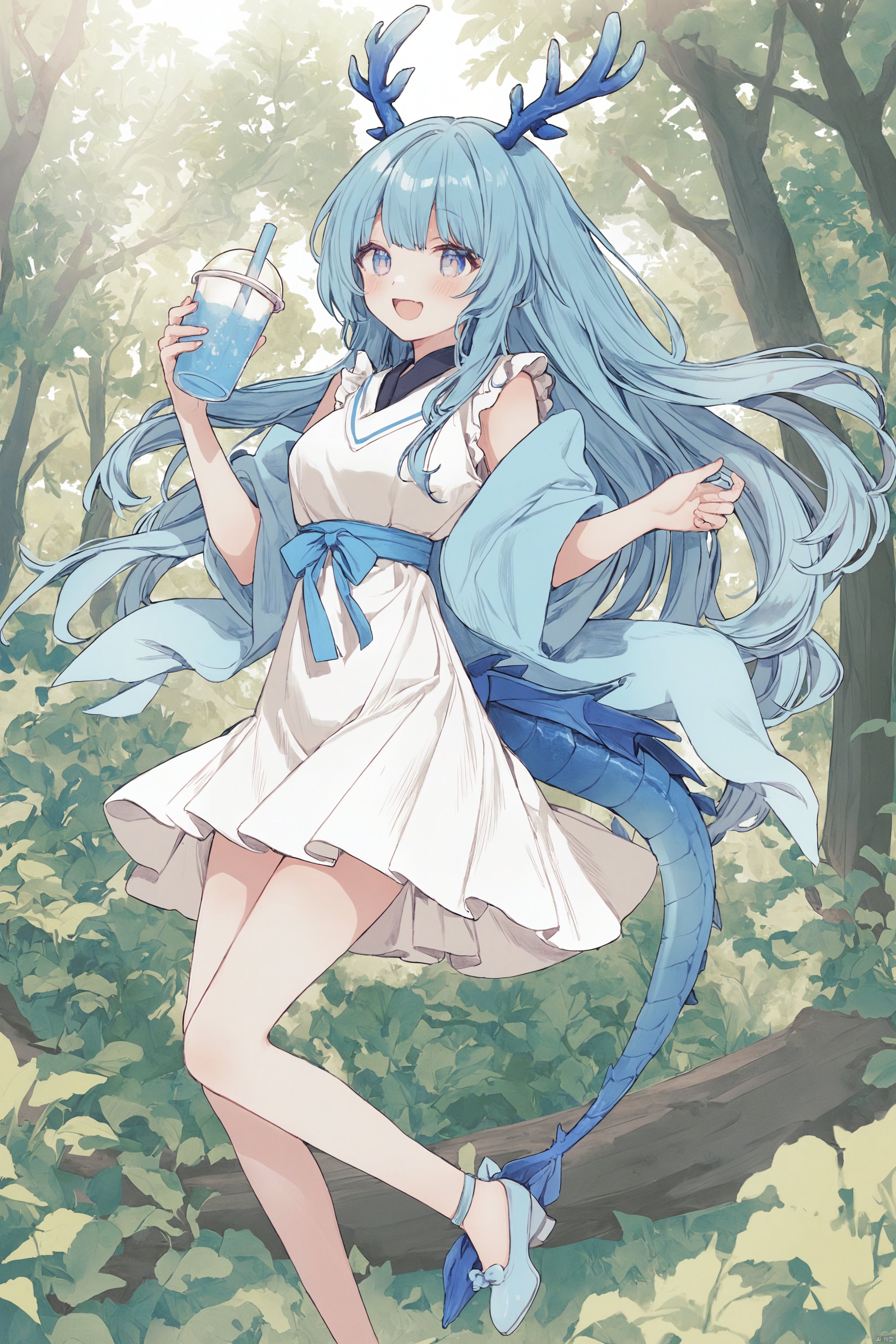 ,mjcaiqian,soft color,soft light,in the woods,1girl,solo,(long hairs:1.2),deer antlers,(blue dragon tail:1.2),adorable kawaii,drinking a milktea,laugh,open mouth,happy,blush,water magic,