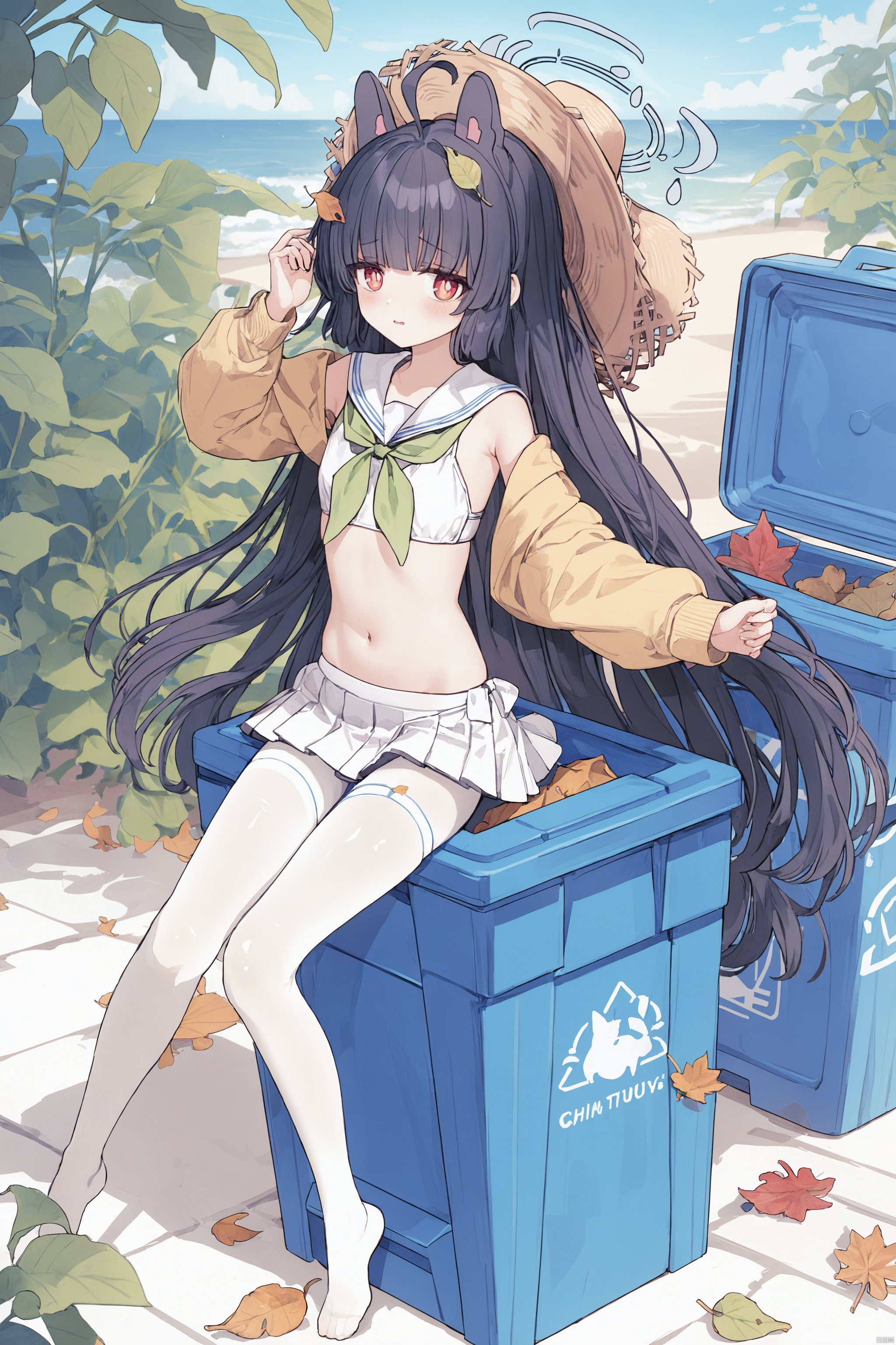 ,miyu \(blue archive\),1girl,halo,leaf on head,ahoge,animal ears,black hair,long hair,red eyes,green neckerchief,blue school uniform,sailor collar,long sleeves,pleated skirt,white pantyhose,miyu \(blue archive\),1girl,straw hat,halo,black hair,long hair,twin braid,ahoge,red eyes,swimsuit,white bikini,bare arms,flat chest,navel,trash can,in contain,fullbody,(masterpiece:1,2),best quality,masterpiece,original,extremely detailed,normal lighting,(extremely detailed CG:1.2),8K,face viewing,flat chest,