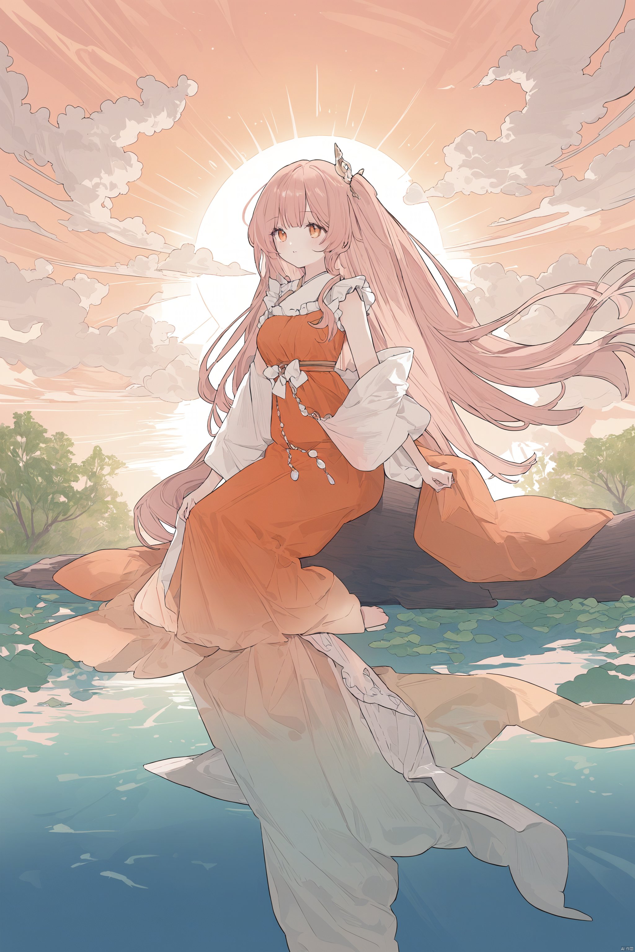 Serene moment of tranquility: A young woman sits on the edge of a tranquil lake, surrounded by the warm hues of a breathtaking sunset. The soft orange and pink tones dance across her radiant skin as she gazes out at the endless blue expanse above, where wispy white clouds drift lazily across the sky. Ultra-high definition detail captures every nuance of her peaceful expression.