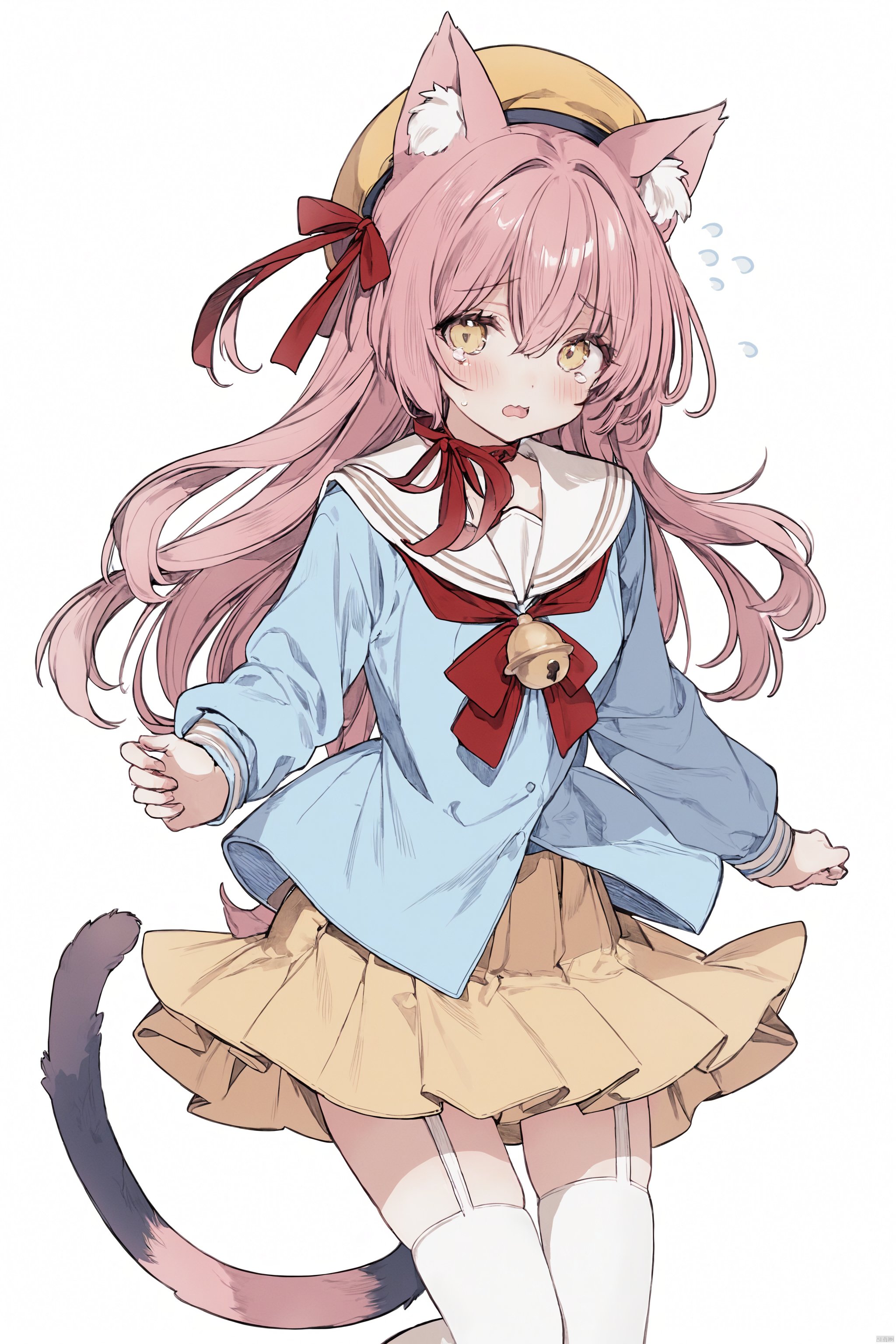 1girl, solo, long hair, looking at viewer, blush, open mouth, bangs, skirt, simple background, shirt, thighhighs, long sleeves, hat, white background, bow, ribbon, animal ears, hair between eyes, very long hair, tail, hair ribbon, pink hair, pleated skirt, parted lips, cat ears, tears, hand up, bowtie, pink eyes, sailor collar, red bow, white thighhighs, red ribbon, sketch, cat tail, animal ear fluff, bell, one side up, flying sweatdrops, blue shirt, cat girl, jingle bell, yellow bow, white sailor collar, tail ornament, yellow skirt, ears through headwear, yellow bowtie, tail bow, yellow headwear, kindergarten uniform, tail bell, school hat, kisaragi \(azur lane\)