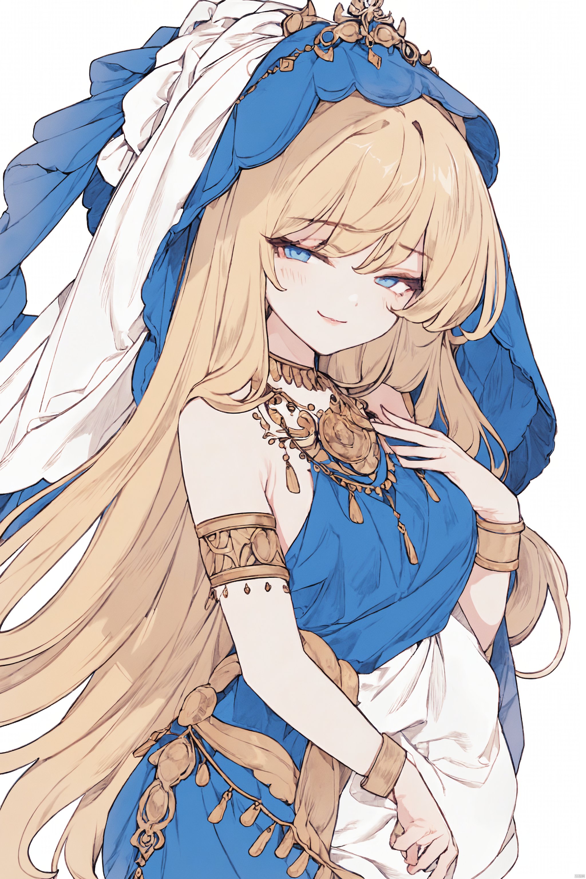 masterpiece,bestquality,simple background,limited palette,flat color,
1girl,solo,chibi,
upper body,looking at viewer,
blonde hair,long hair,blue eyes,long bangs,
gown,veil,exotic,necklace,jewelry,armlet,dancer,
half-closed eyes,narrowed eyes,close-up,smirk,hand up,from side,silhouette,shadow,