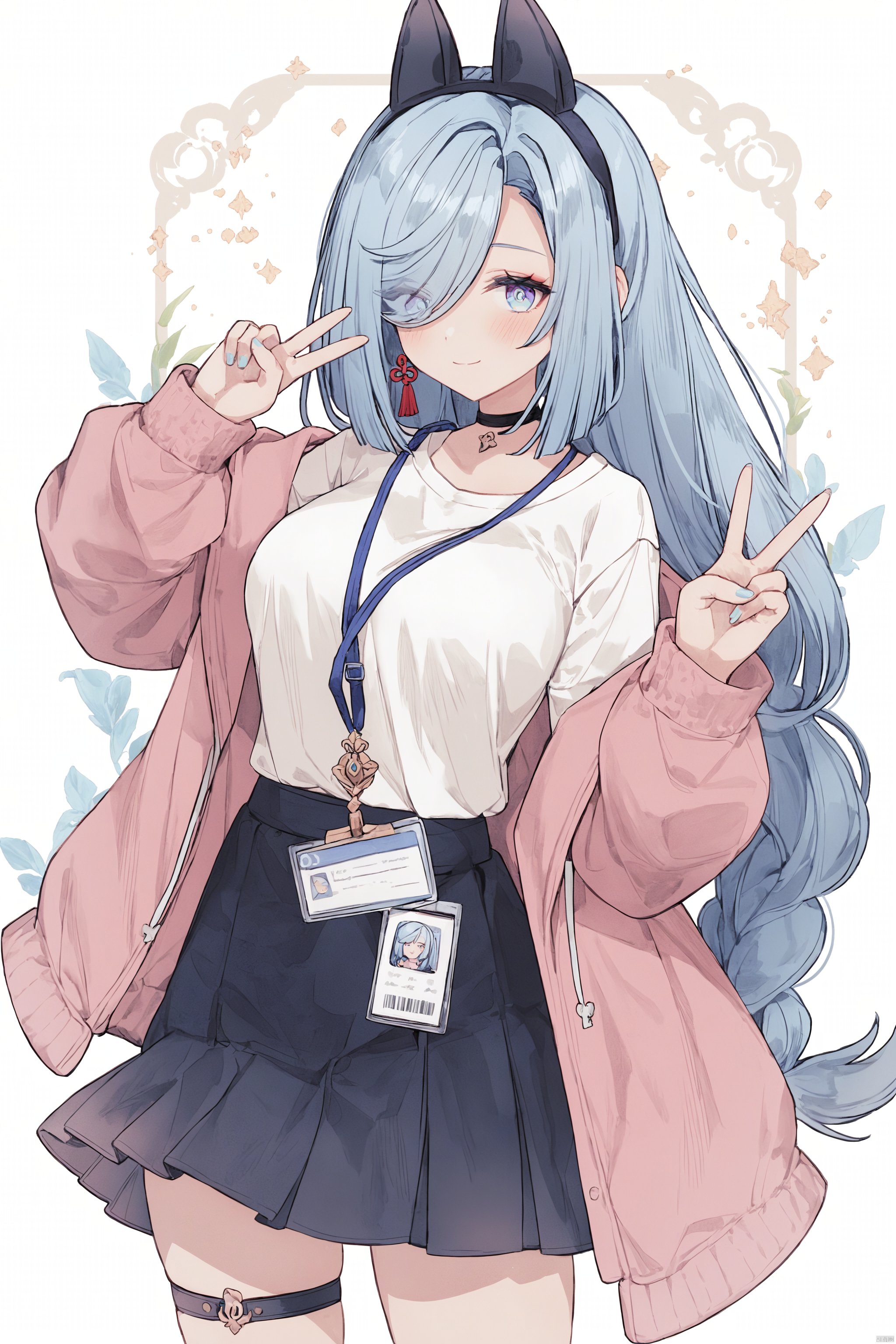 An anime girl,full body,wide_shot,1girl,shenhe (genshin impact),solo,animal ears,long hair,v,skirt,braid,looking at viewer,choker,smile,blue eyes,white background,breasts,double v,earrings,shirt,jewelry,long sleeves,simple background,blue hair,open clothes,alternate costume,bangs,jacket,closed mouth,contemporary,hairband,white shirt,pink jacket,id card,swept bangs,black choker,hands up,fake animal ears,lanyard,braided ponytail,black skirt,open jacket,blush,blue skirt,hair over one eye,black hairband,cowboy shot,hair ornament,single braid,very long hair,casual,large breasts,cat ears,