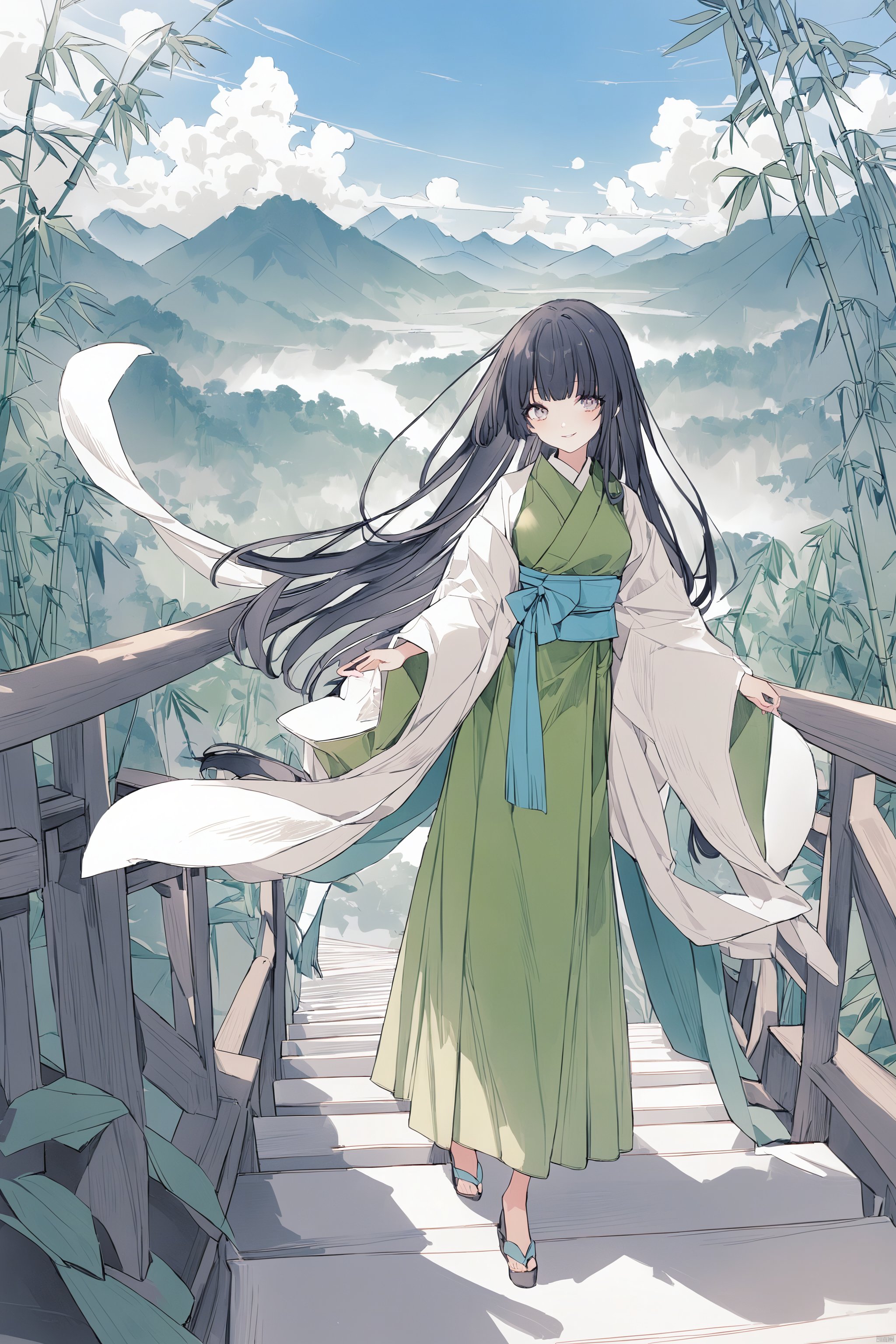  
A girl with a smile, long black hair, single hair, long sleeves, stairs overlooking the bamboo forest, stairs, mountains, blue sky, White Clouds, sunshine, traditional Chinese inkpainting,山竹春色,荷塘月色,雪景,山水如画,乡村,小心思